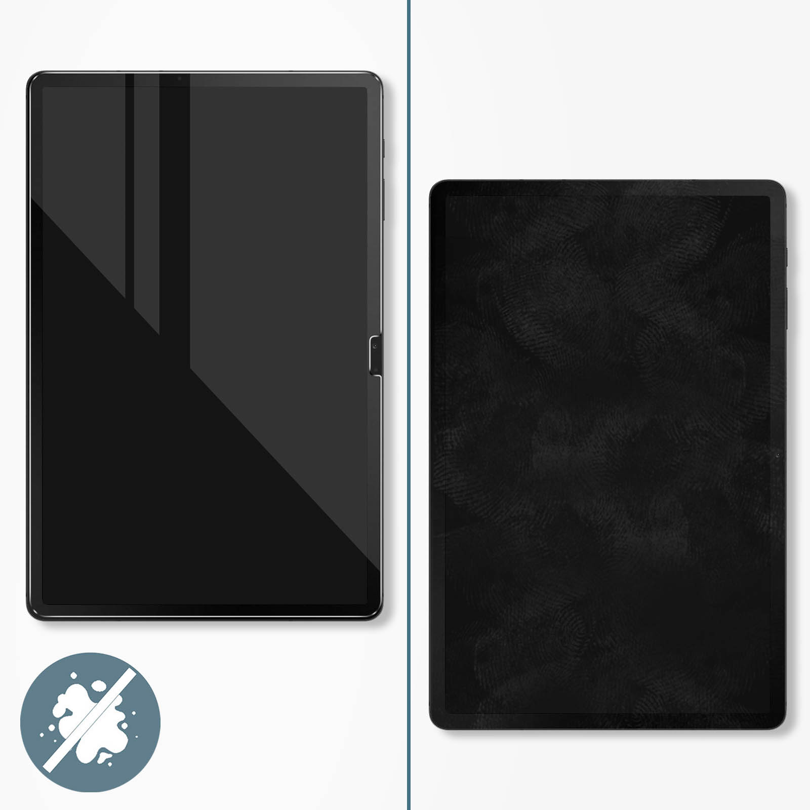 Twee zwarte tablets. Eén is gesloten, de andere heeft een vingerafdrukpatroon op het scherm.