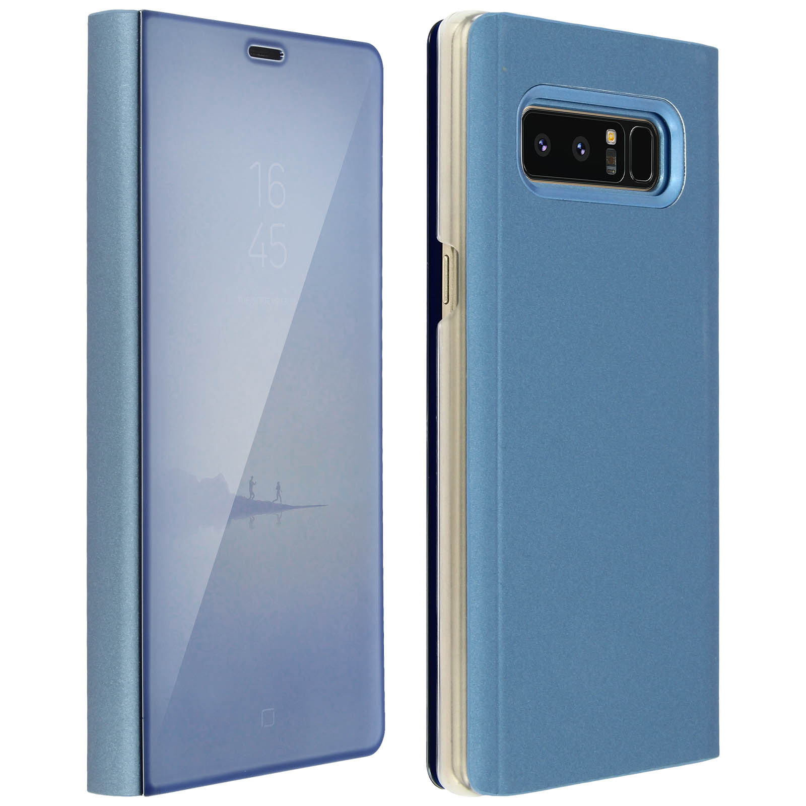 Custodia blu per telefono, che mostra uno schermo del telefono e un telefono sul lato destro. Sfondo bianco.