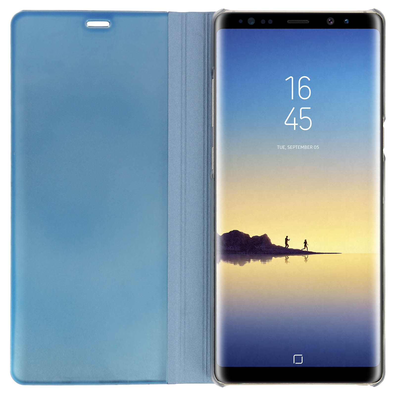 Smartphone che mostra un paesaggio con lago e due figure. Il telefono è dentro una custodia blu.