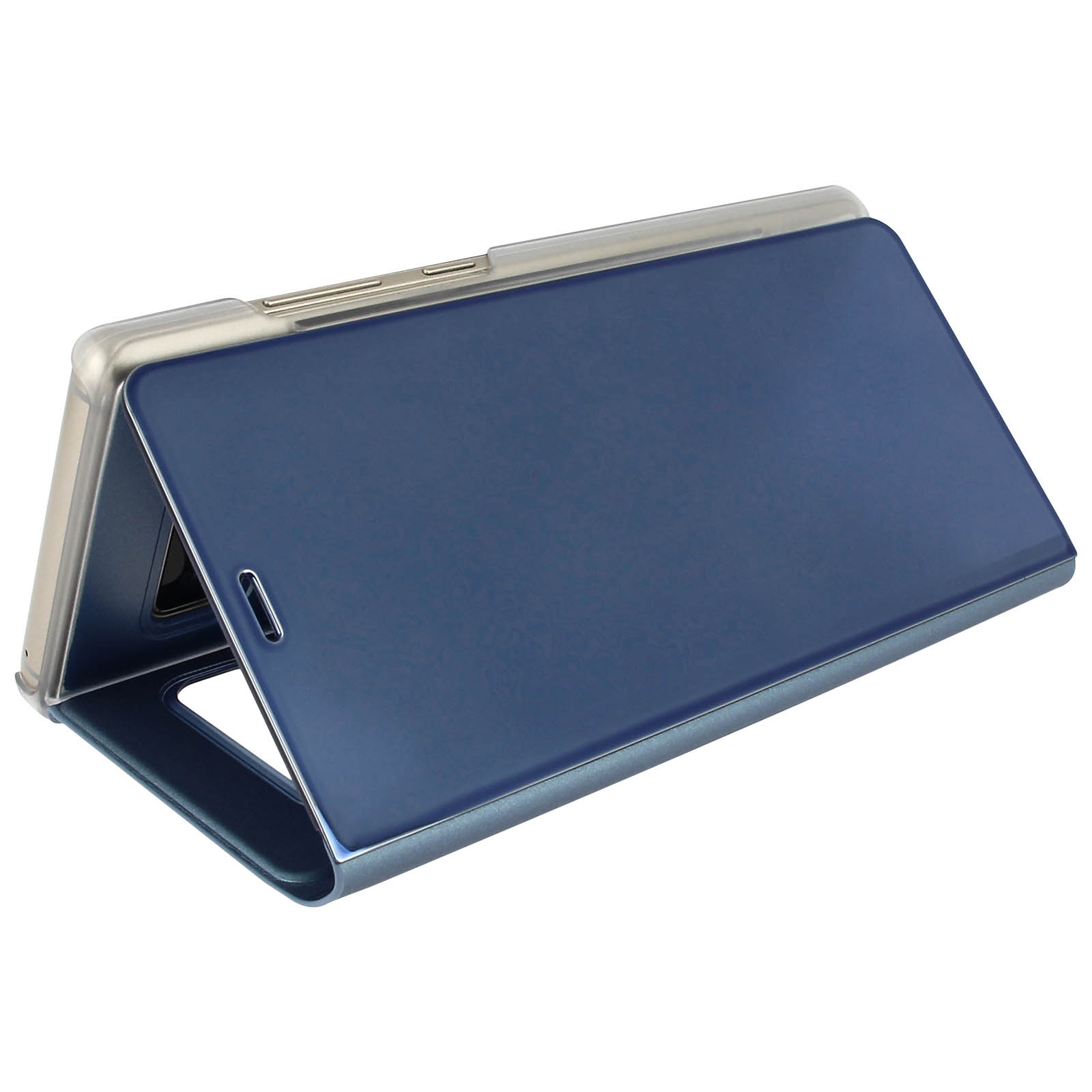 Custodia blu per telefono, piegata per creare un supporto. Sfondo bianco.