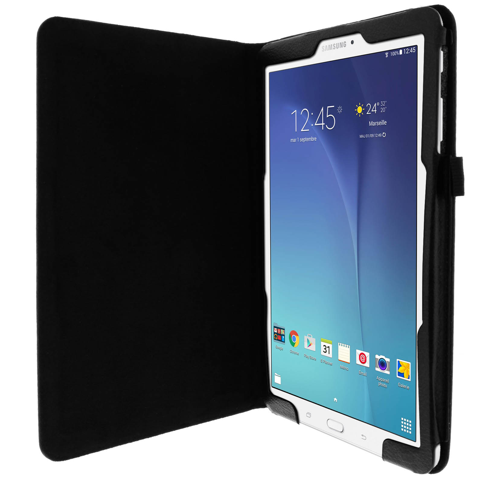 Custodia per telefono nera aperta. Tablet bianco mostra ora e meteo. Copertina nera con logo Samsung.