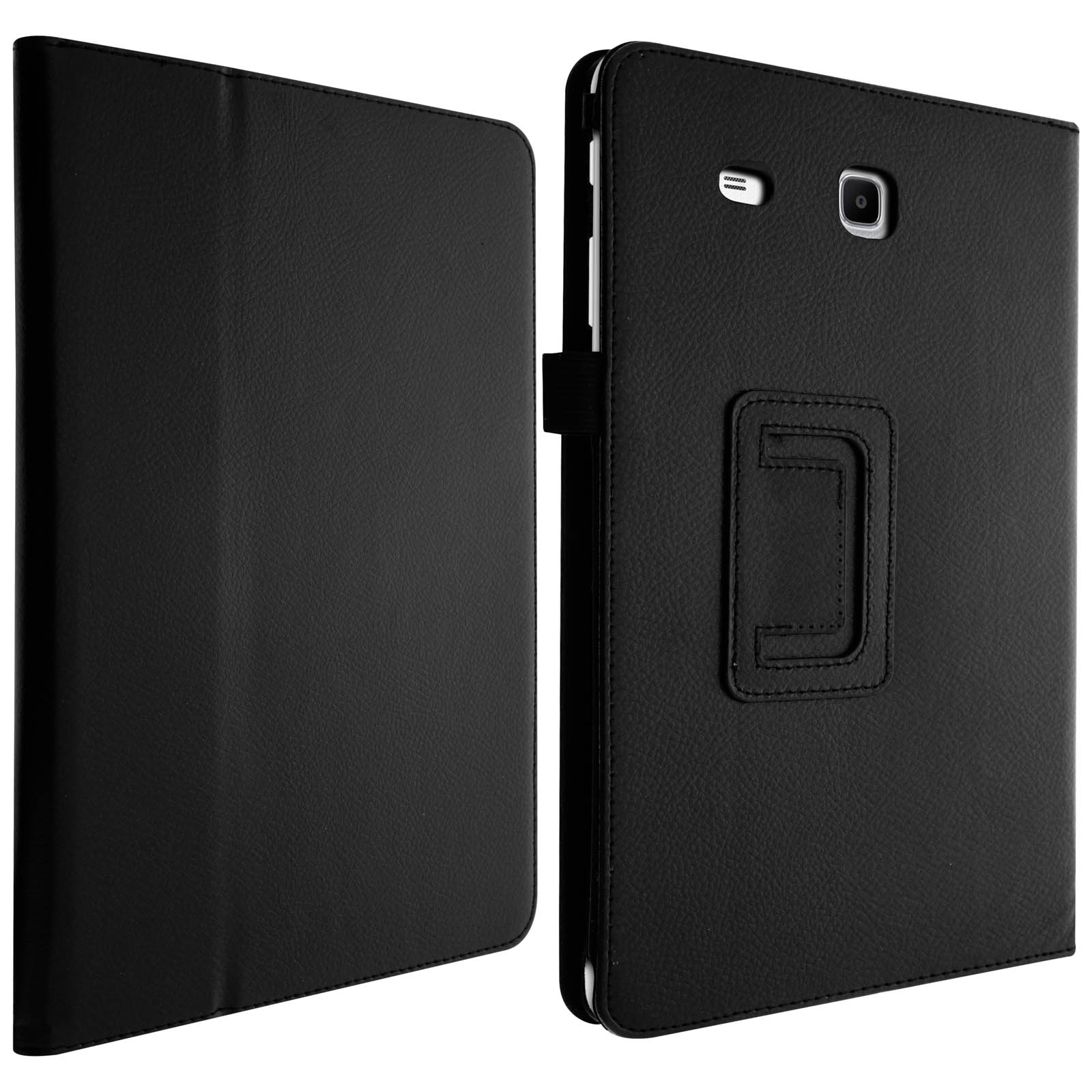 Custodia per tablet nera aperta e chiusa. La custodia è in pelle.