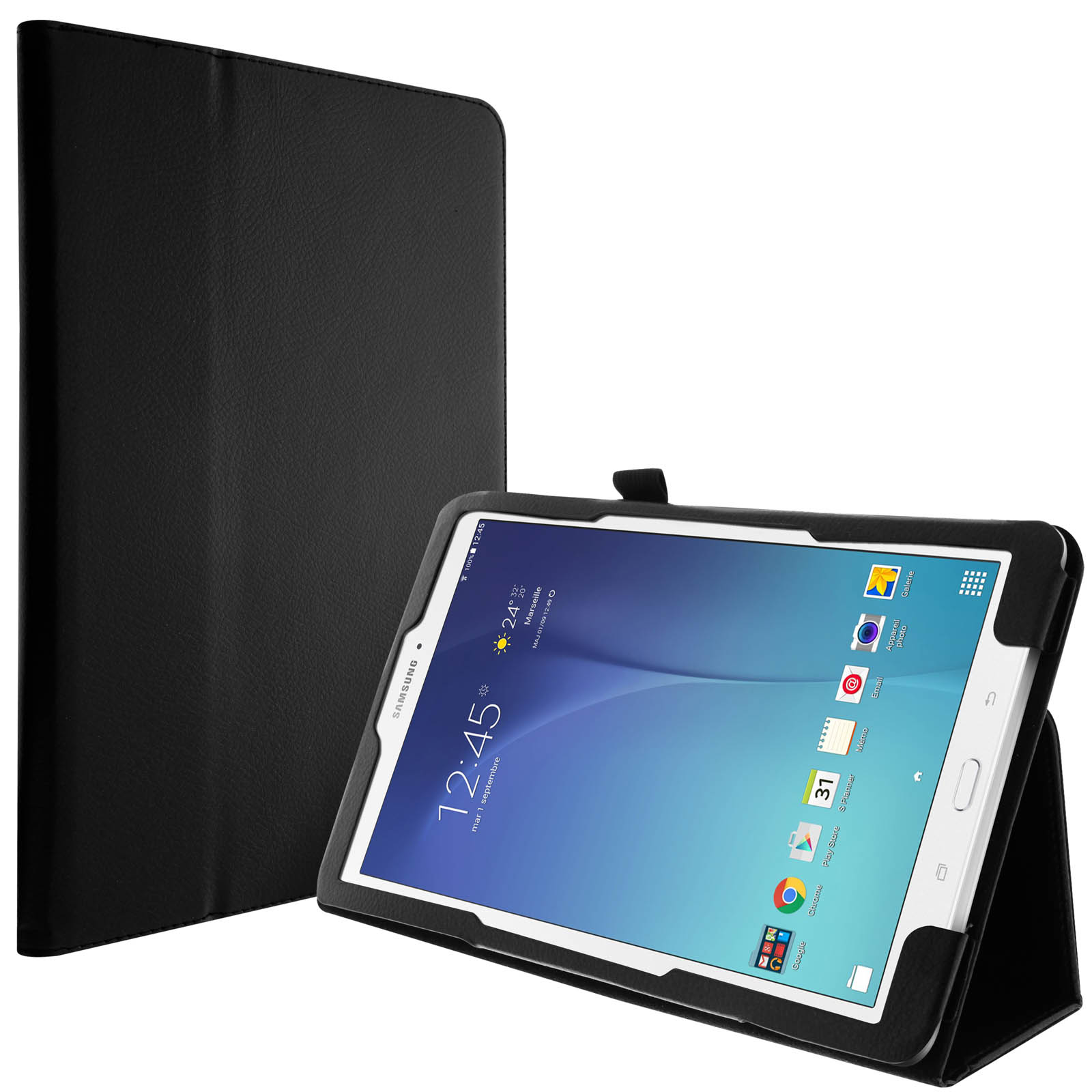 Tablet nero in custodia nera, aperto. Un'altra custodia è a sinistra.