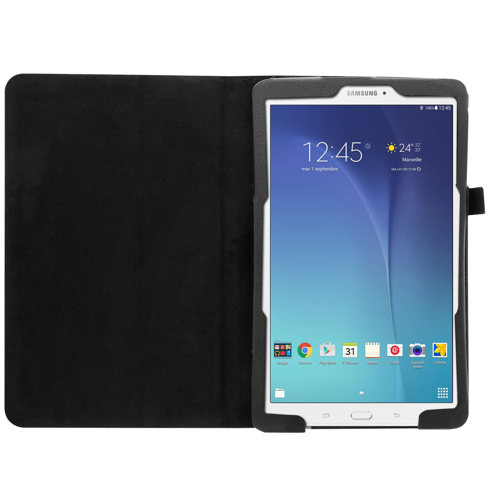 Tablet in custodia nera, aperto. Lo schermo mostra l'ora e il meteo.