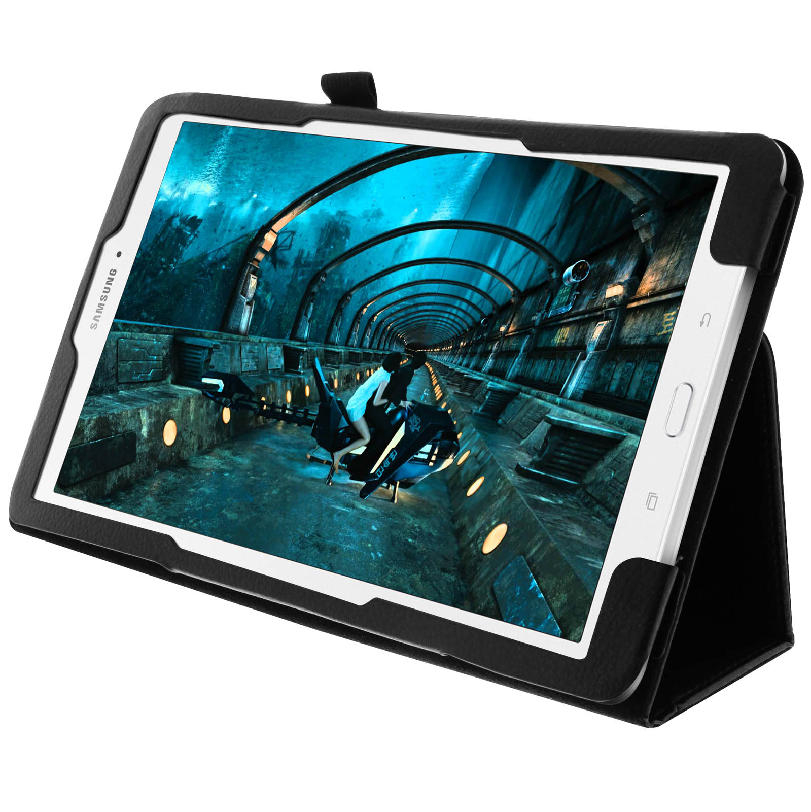 Tablet in custodia nera che mostra una scena di fantascienza. La custodia è rialzata.