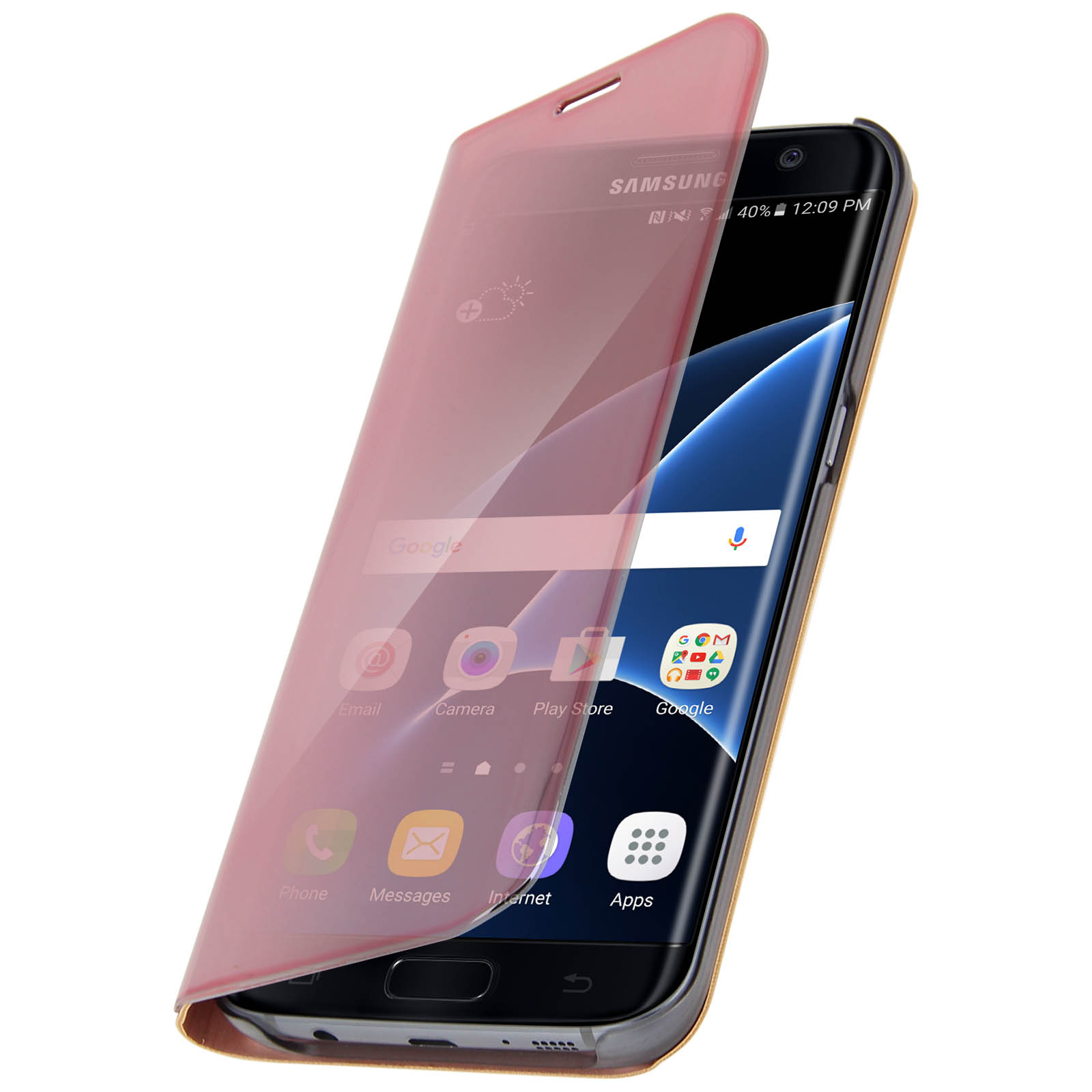 Un telefono Samsung con una cover rosa in posizione aperta. Lo schermo mostra app e ora.