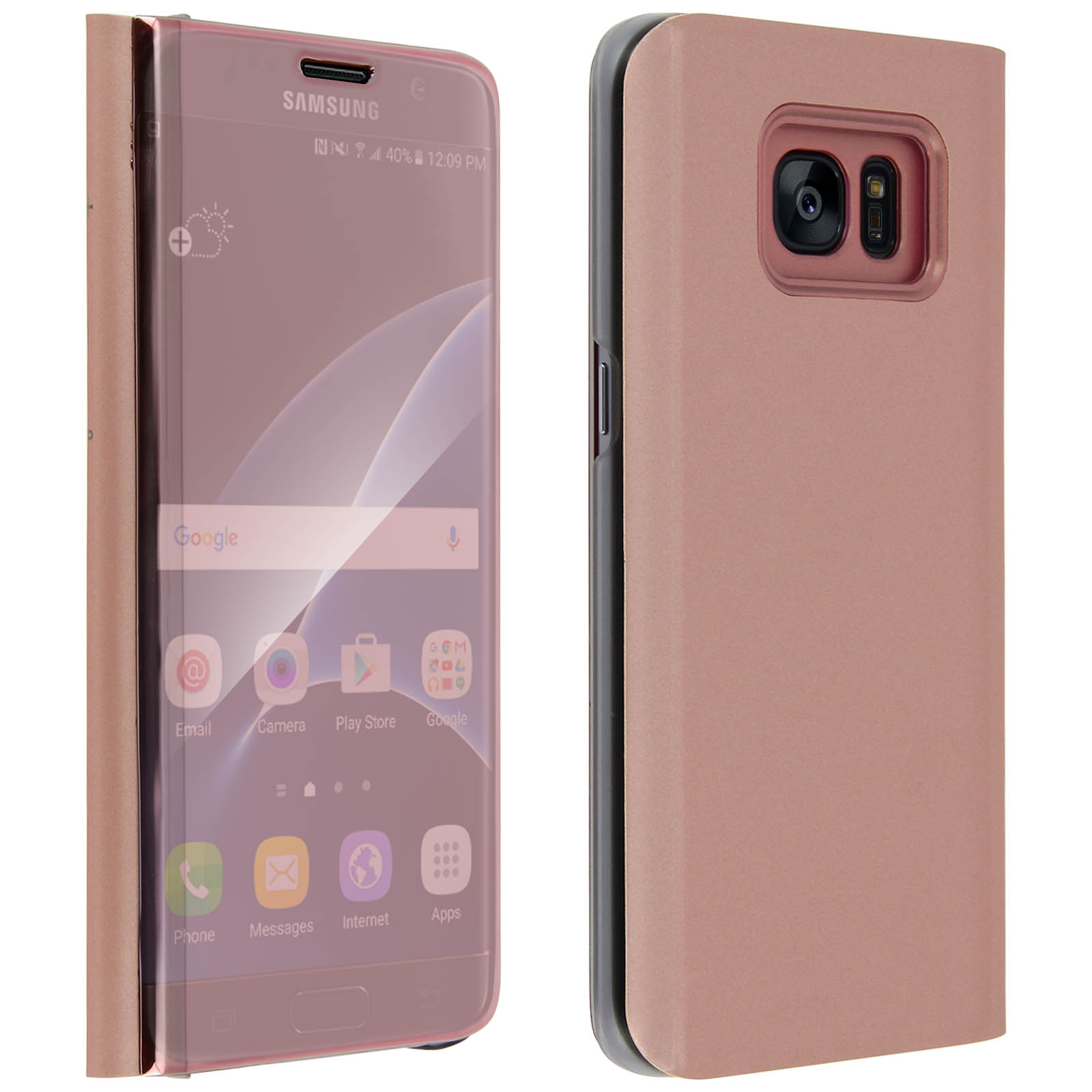 Un telefono con una custodia oro rosa.