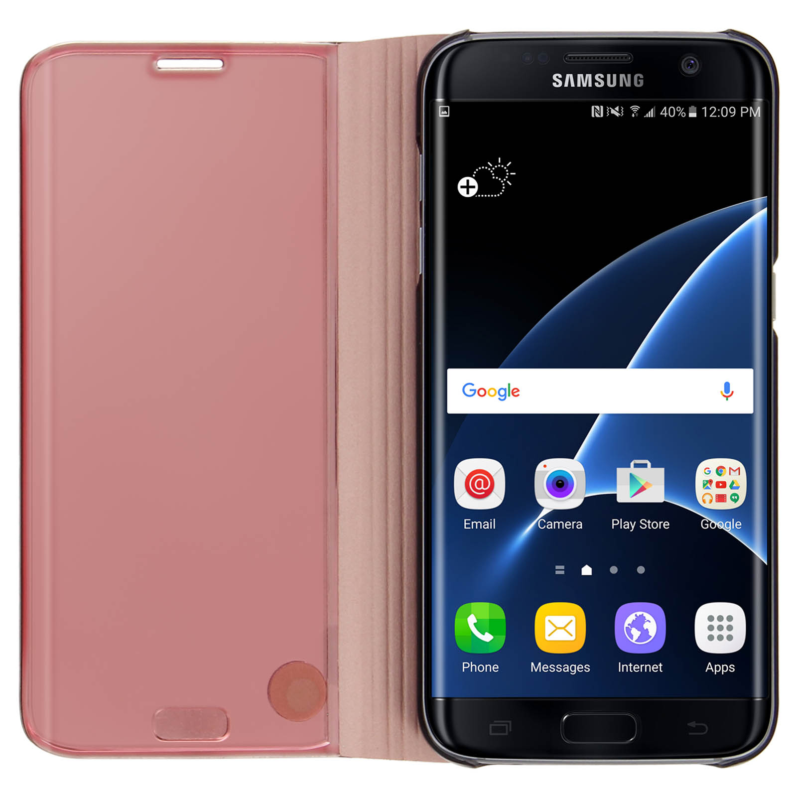 Una custodia rosa aperta con un telefono Samsung nero. Lo schermo mostra l'ora e le app.