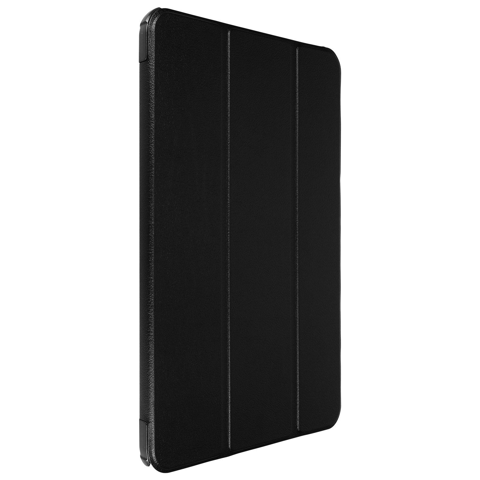 Custodia per tablet nera, chiusa. Presenta tre linee verticali e superficie strutturata.