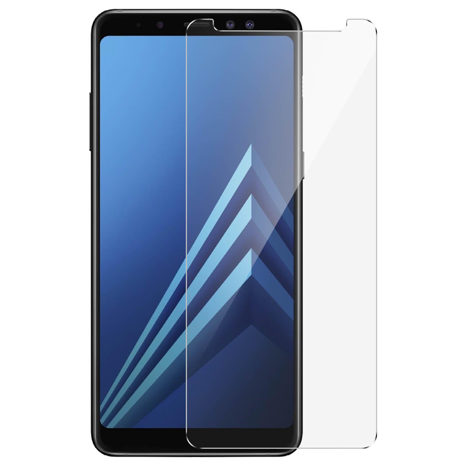 Smartphone con protezione schermo. Il telefono è nero, con schermo blu e bianco. La protezione è trasparente.
