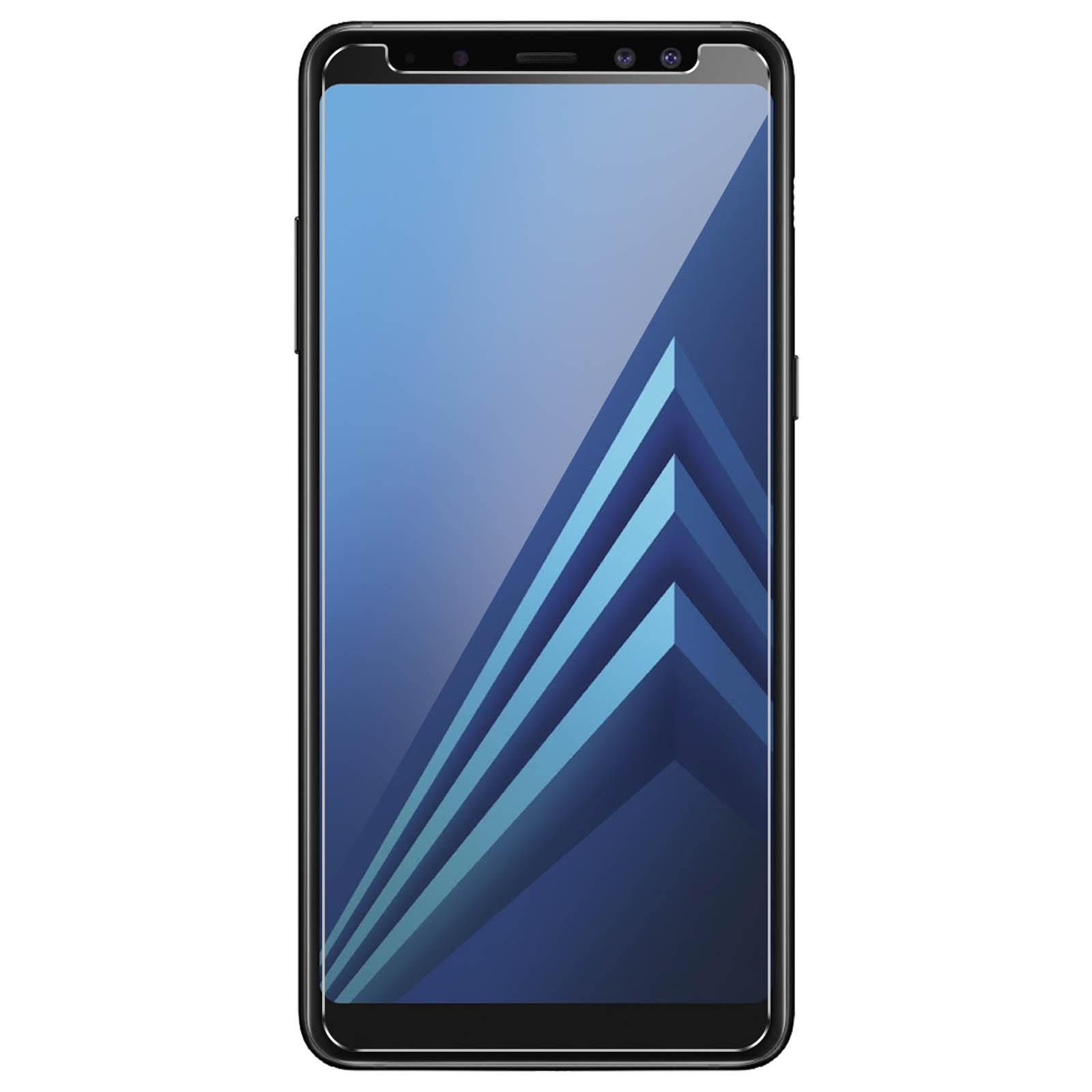 Smartphone nero con schermo sfumato blu. Design minimalista. Mostra linee blu astratte.