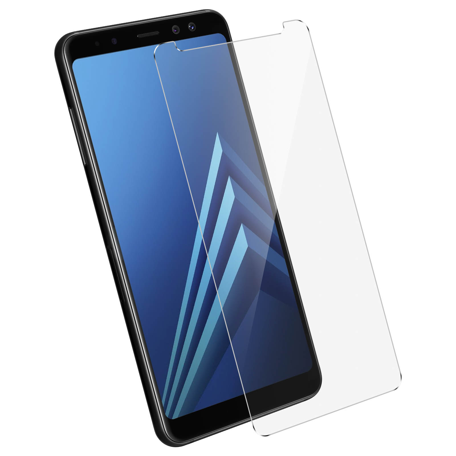 Smartphone nero con protezione schermo. Il telefono è angolato, schermo rivolto verso l'alto.