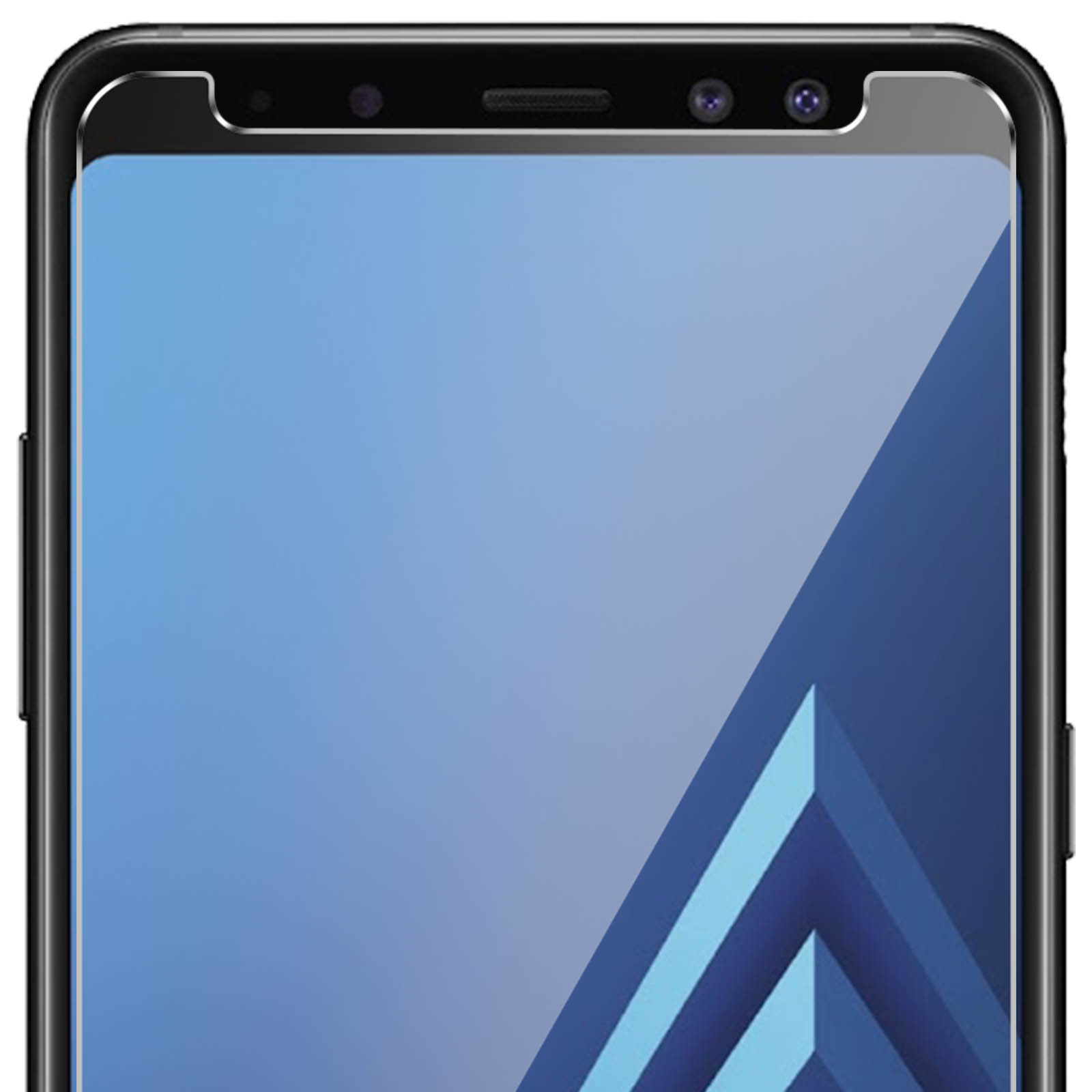 Primo piano di uno schermo del telefono con un design astratto blu e bianco. I bordi neri lo circondano.
