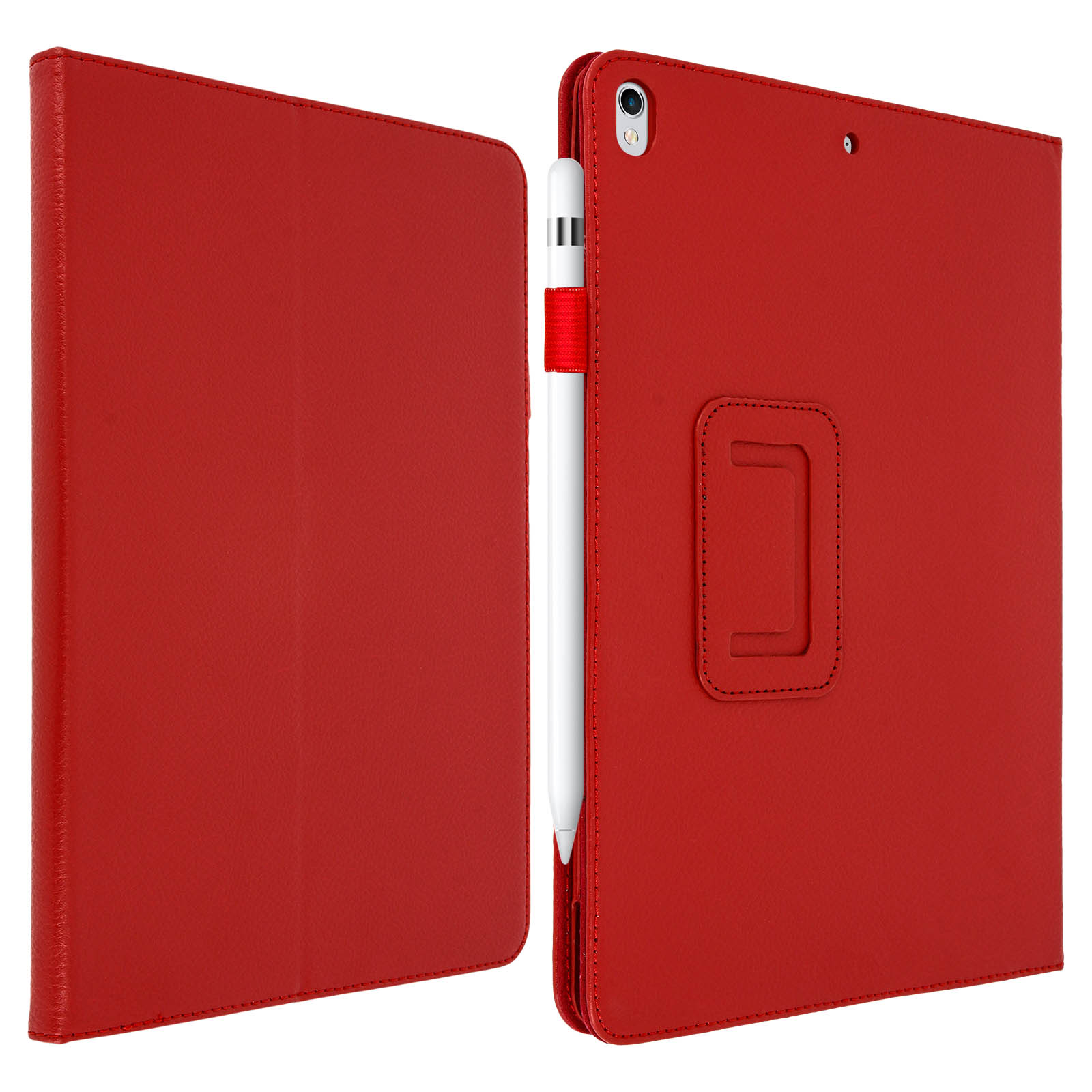 Custodia per tablet rossa aperta, che mostra il tablet e la penna. Custodia rossa, penna bianca, cinturino rosso.