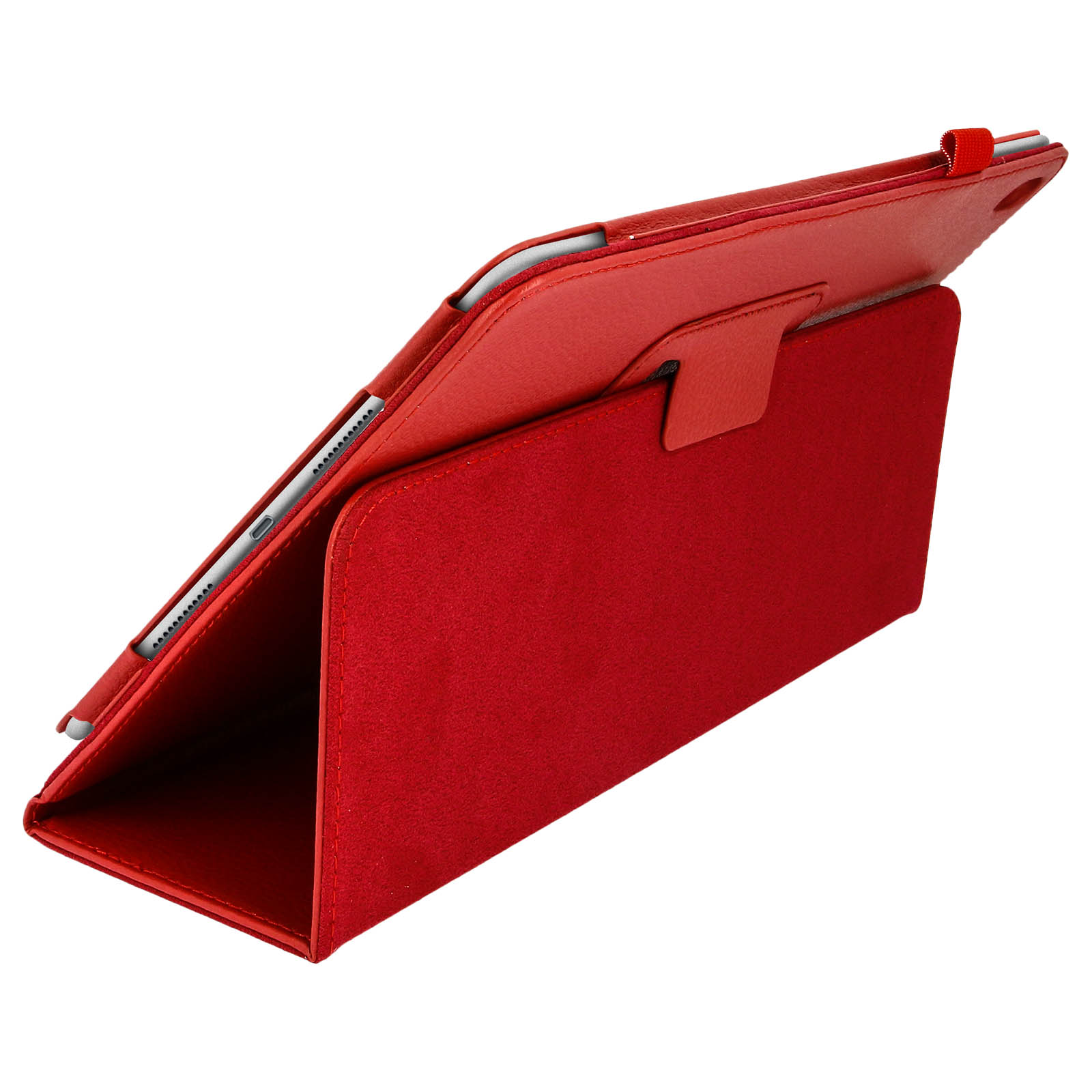 Custodia per tablet rossa, che tiene un tablet in posizione angolata.