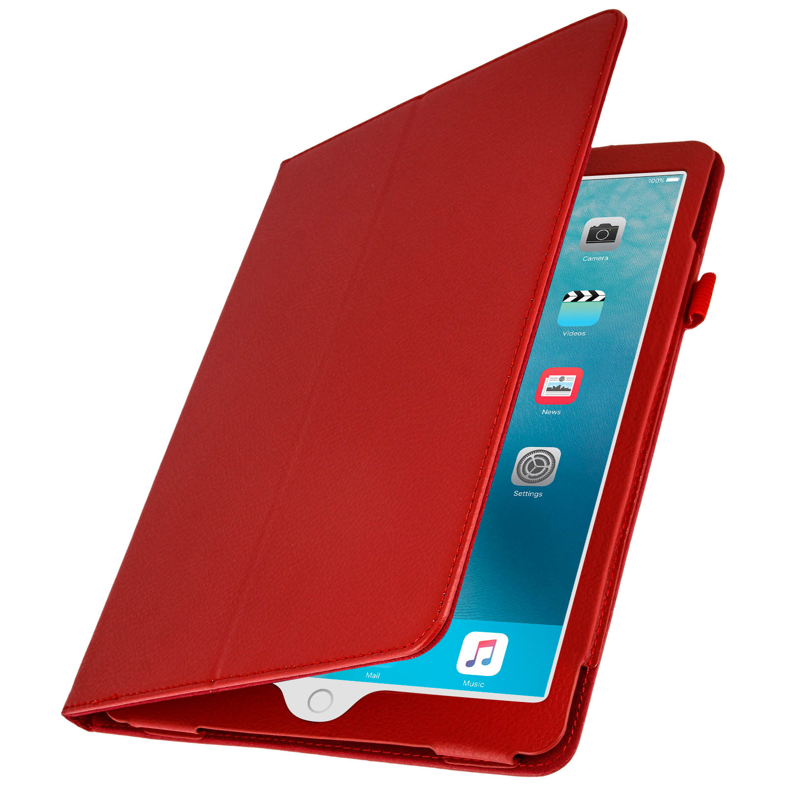 Custodia iPad rossa con coperchio aperto che mostra lo schermo e la sua interfaccia.