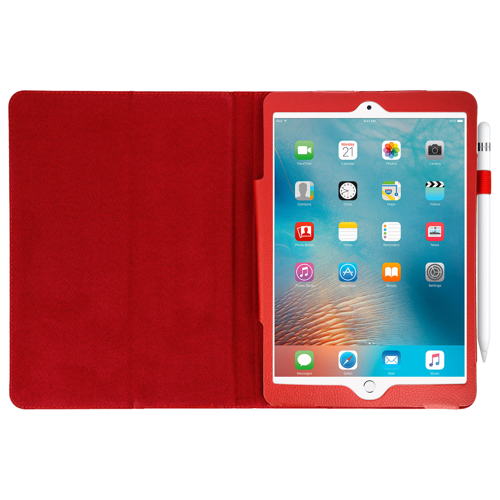 Custodia rossa per tablet con stilo. Sfondo: bianco. Focus sul tablet, la custodia e lo stilo.