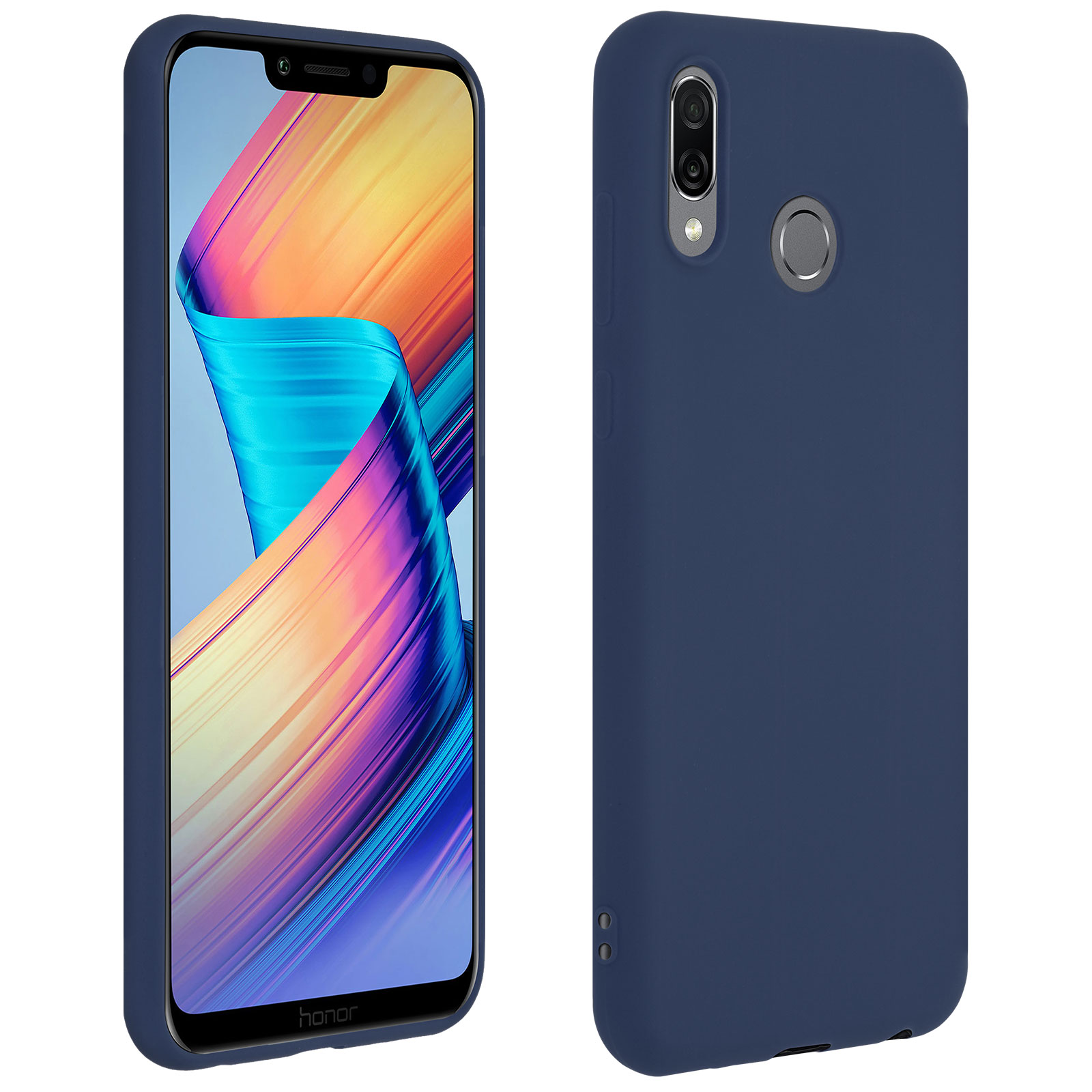 Una custodia blu. La custodia è sul lato destro. C'è un telefono sul lato sinistro.