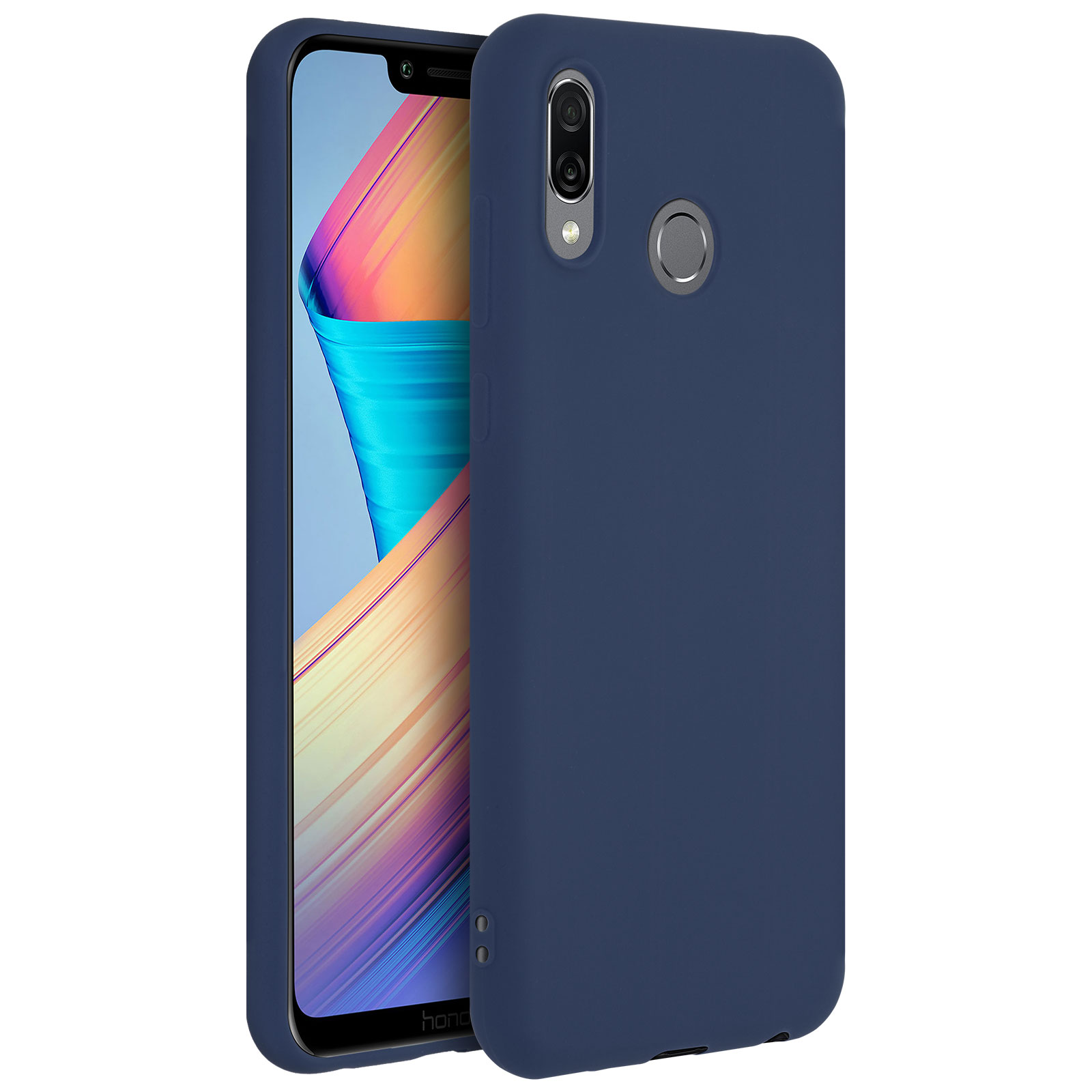 Custodia per telefono blu navy. C'è un telefono dentro. Lo sfondo è una superficie bianca uniforme.