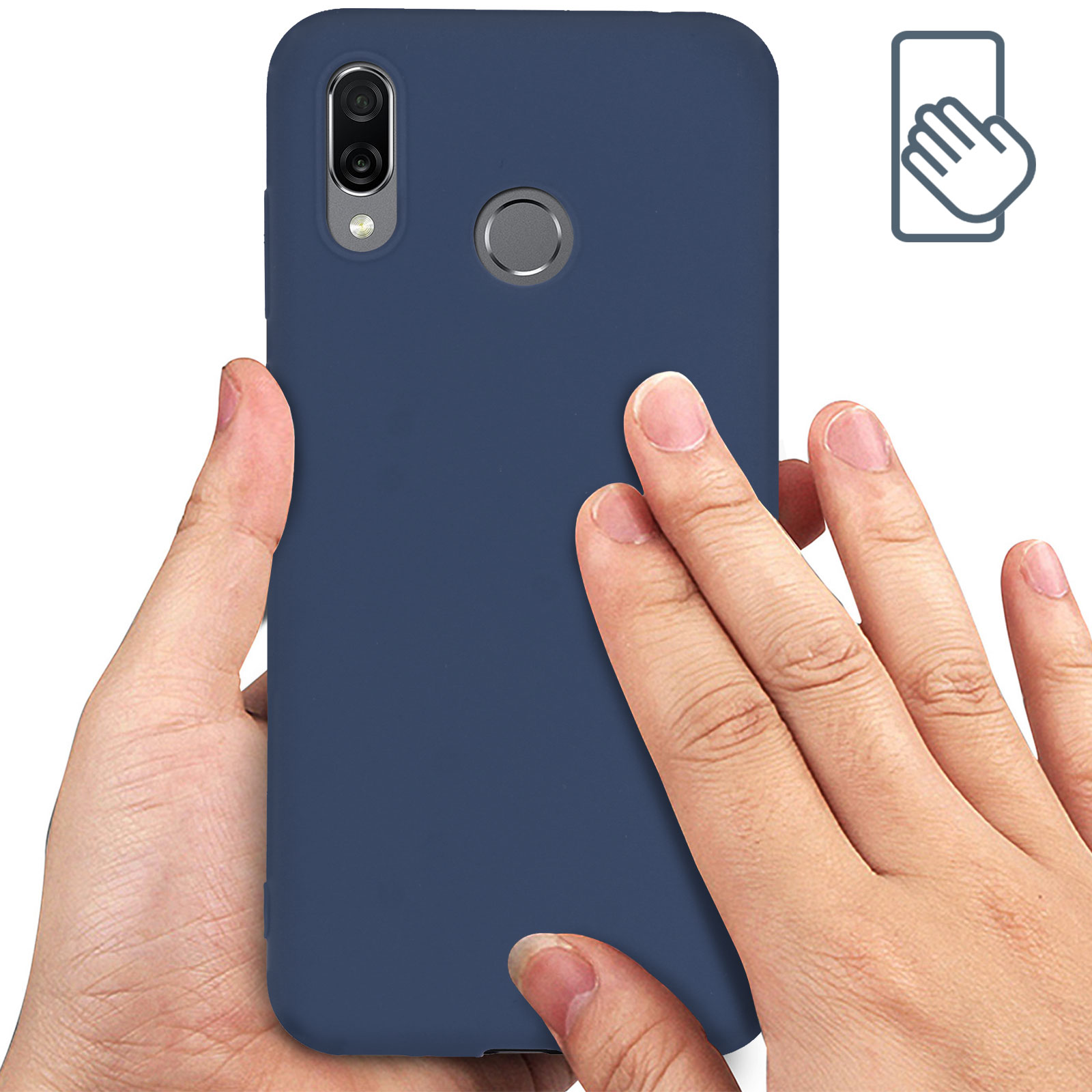 Mani che tengono una custodia blu. La custodia è blu scuro, con lettore di impronte digitali.
