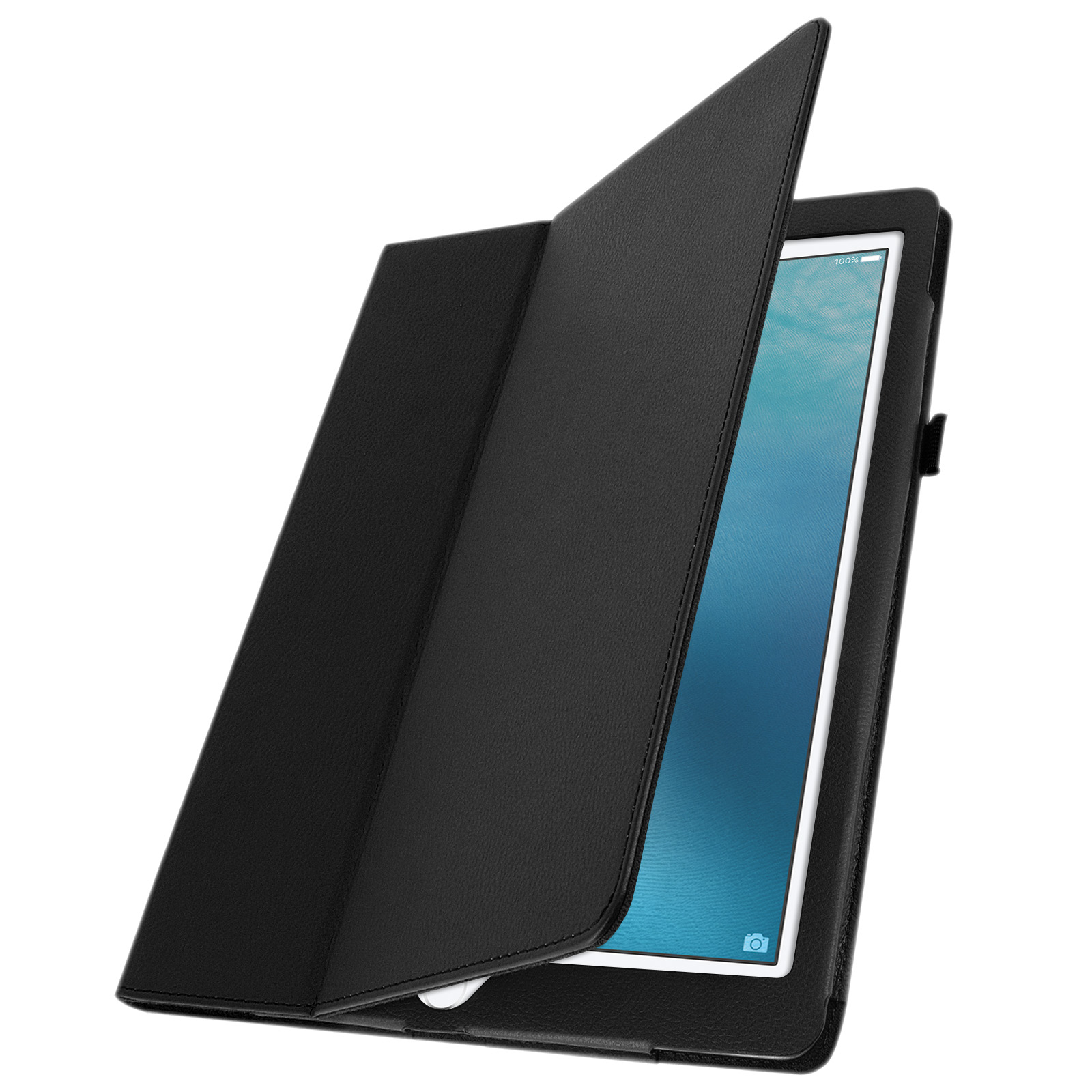 Custodia nera per tablet aperta, tablet dentro. Sfondo bianco.