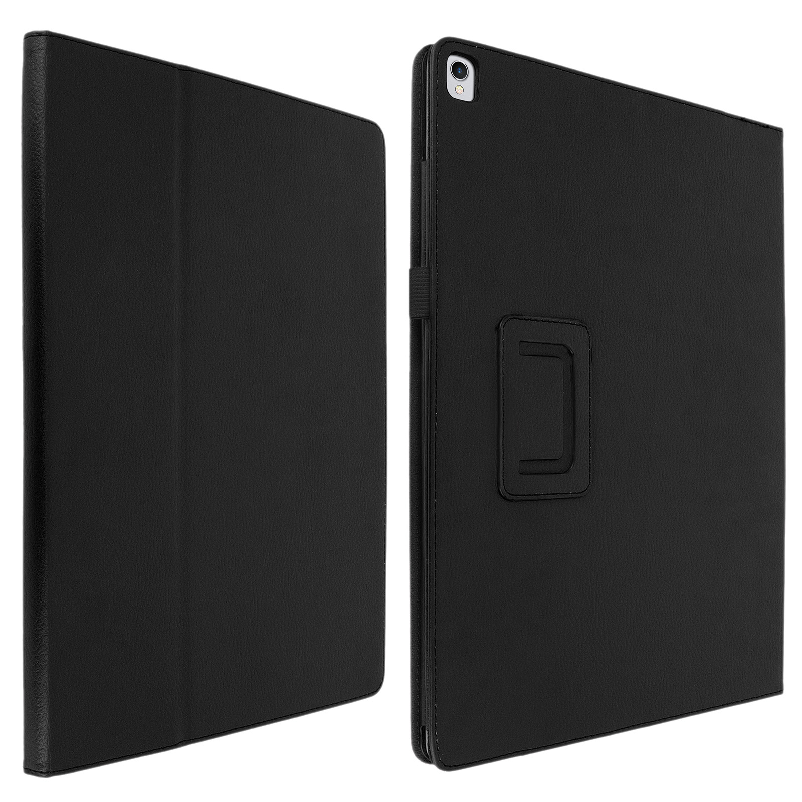 Custodia per tablet nera. La custodia ha un supporto e una chiusura magnetica.
