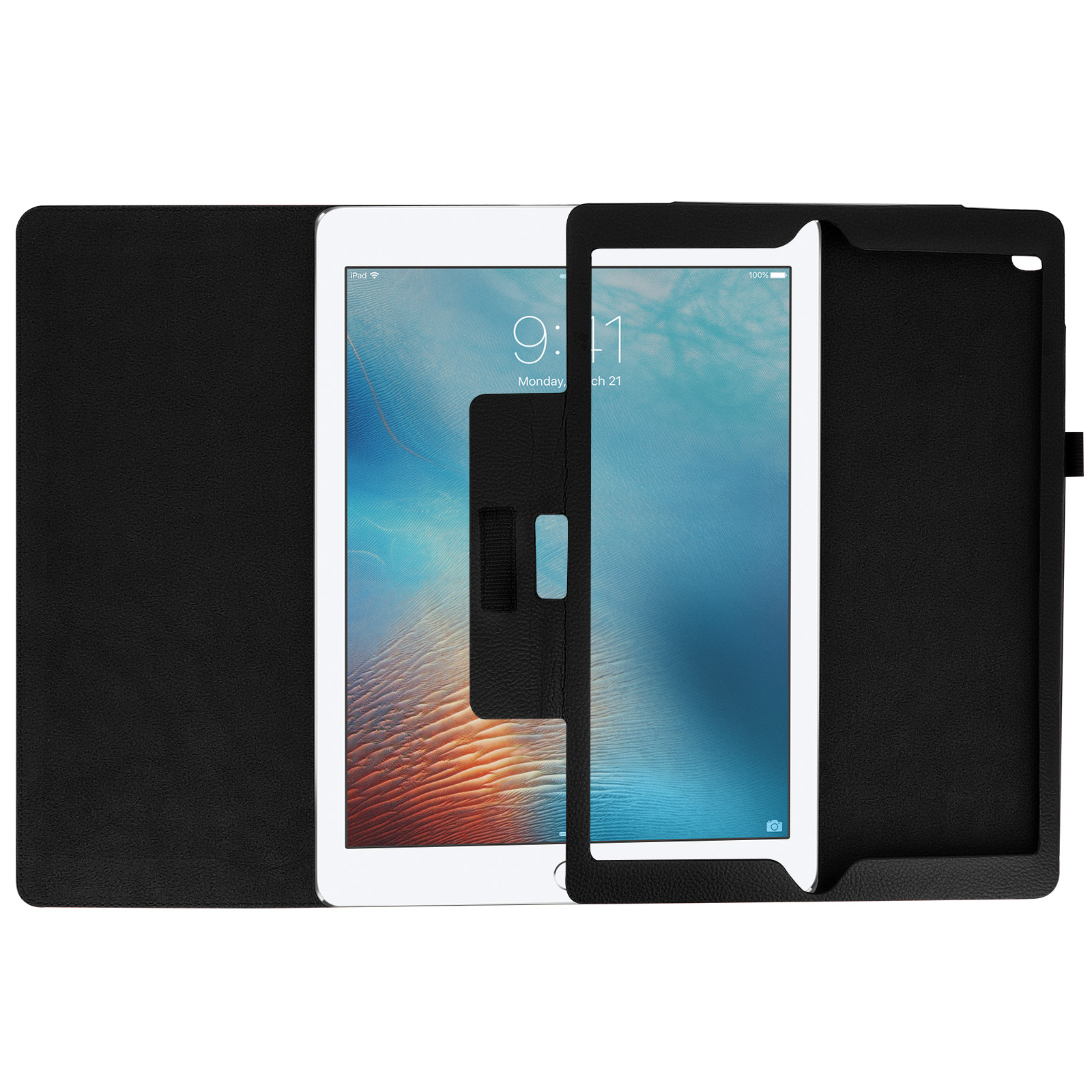 Tablet nero in una custodia nera, aperto, che mostra lo schermo del tablet.
