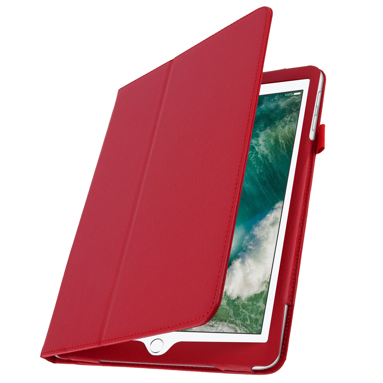 Custodia rossa per tablet aperta, rivela lo schermo. La custodia è strutturata.