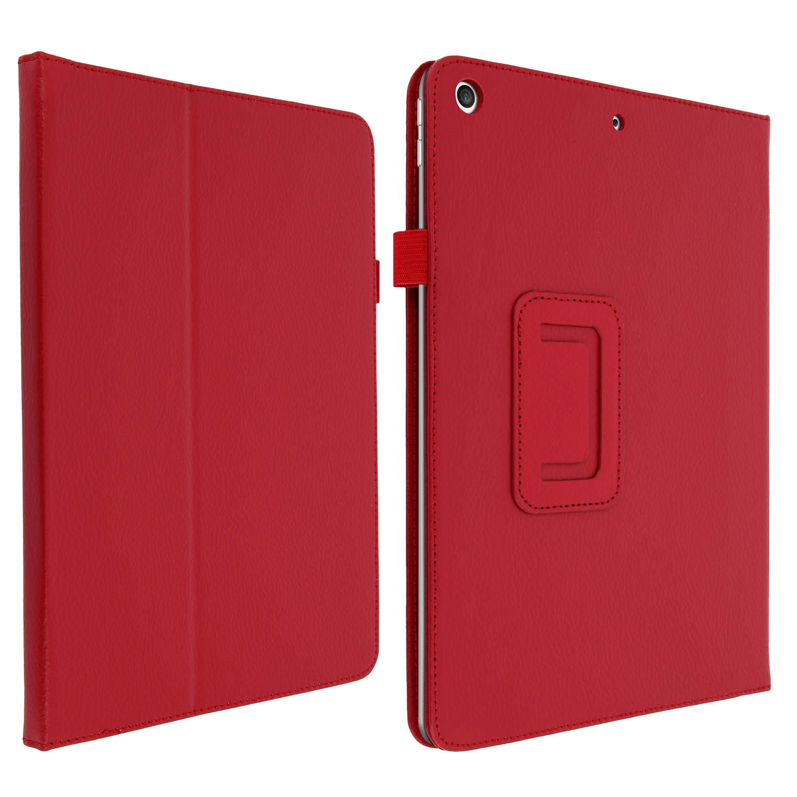 Una custodia per tablet rossa è mostrata aperta e chiusa. La custodia ha una cinghia rossa.