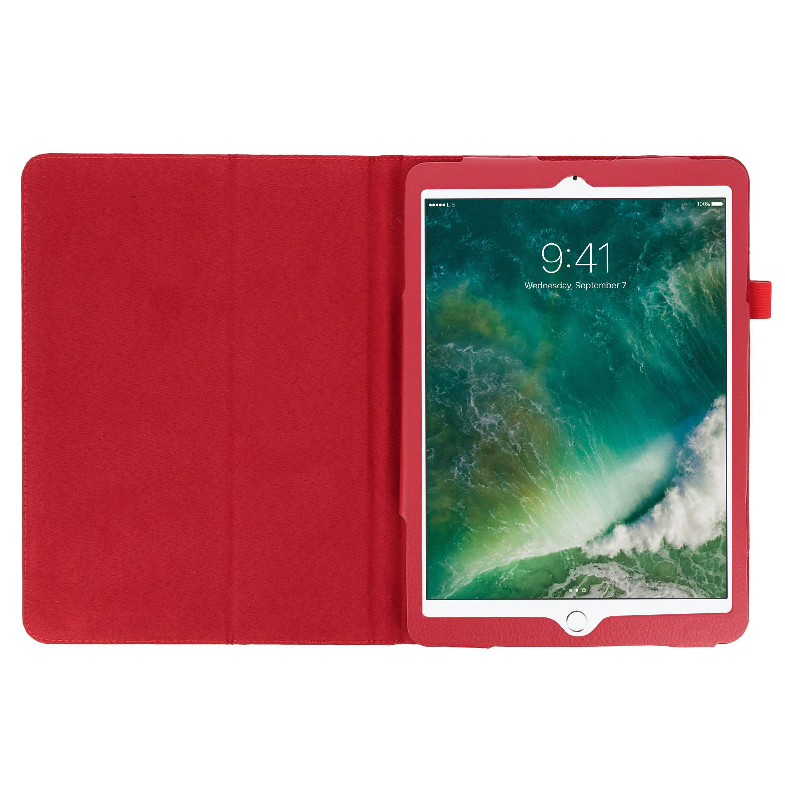 Custodia iPad rossa aperta, che mostra lo schermo con l'ora visualizzata.