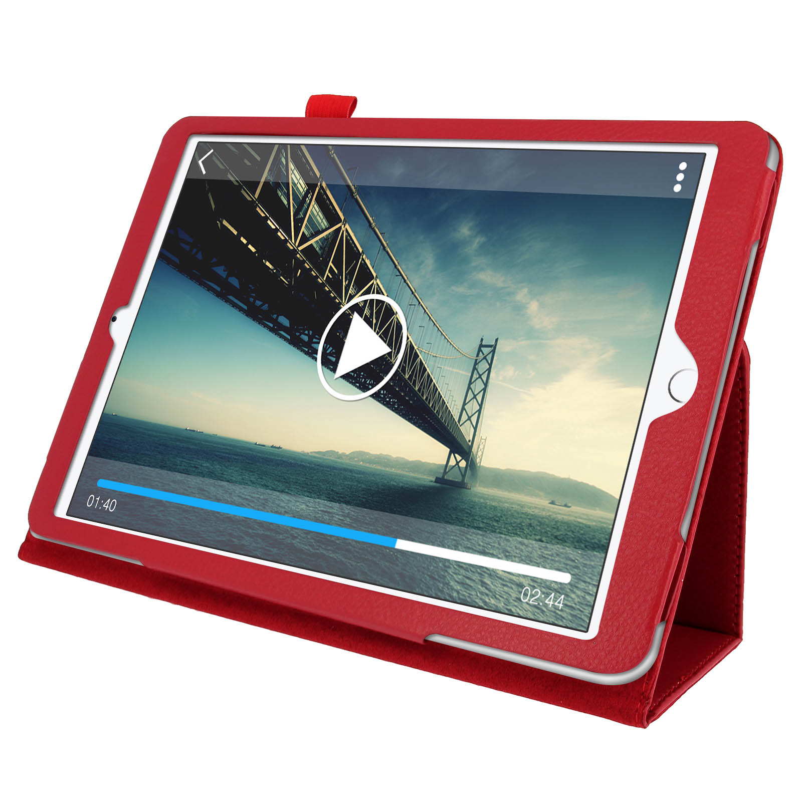 Un tablet rosso in una custodia rossa, che mostra un video con una scena di ponte. Un pulsante play è visibile.