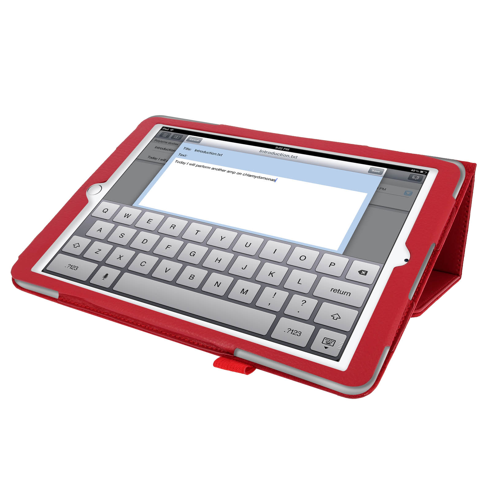 Custodia per iPad rossa con tastiera. L'iPad è all'interno con testo sullo schermo.