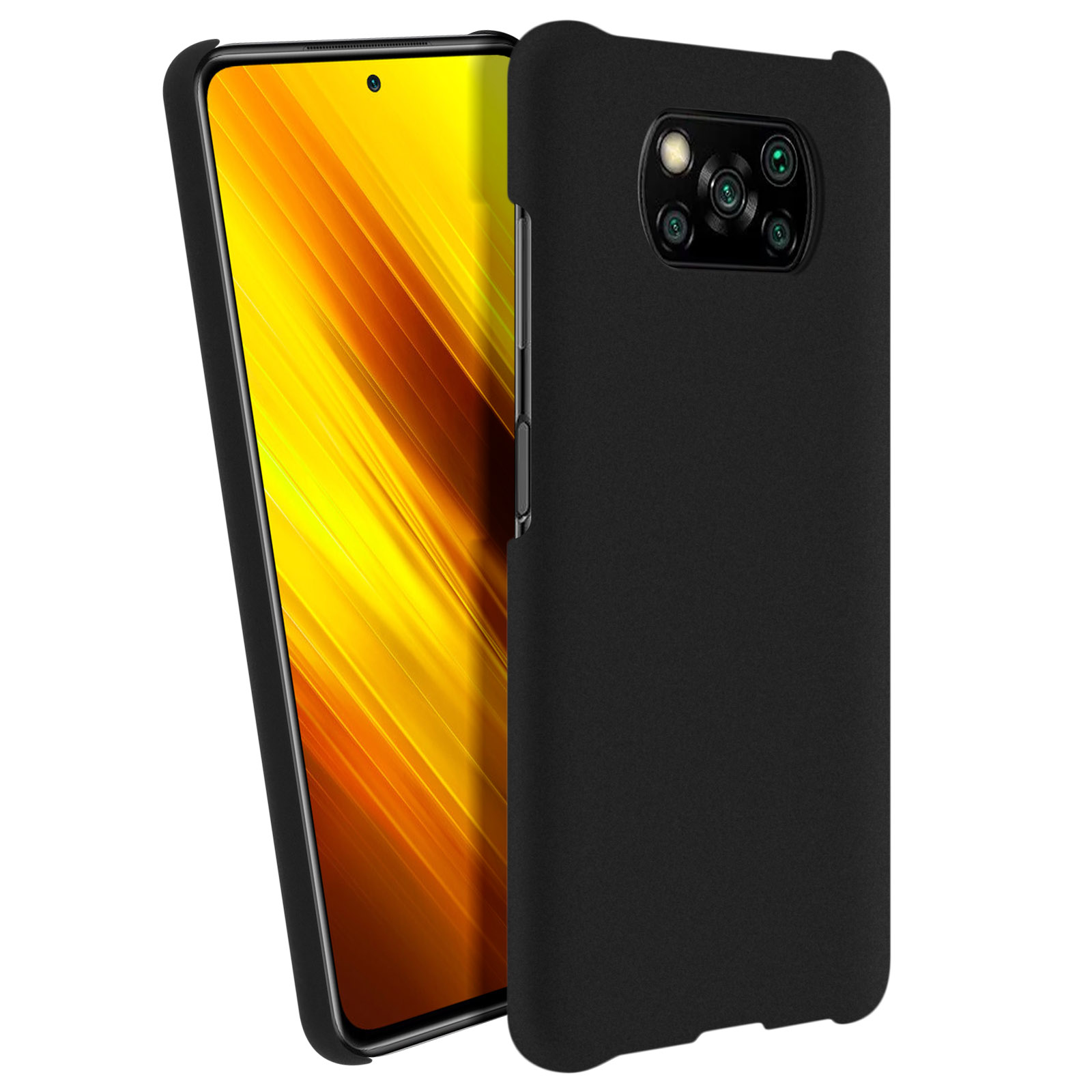 Eine schwarze Handyhülle, offen, zeigt die Rückseite des Telefons. Das Telefon ist schwarz.