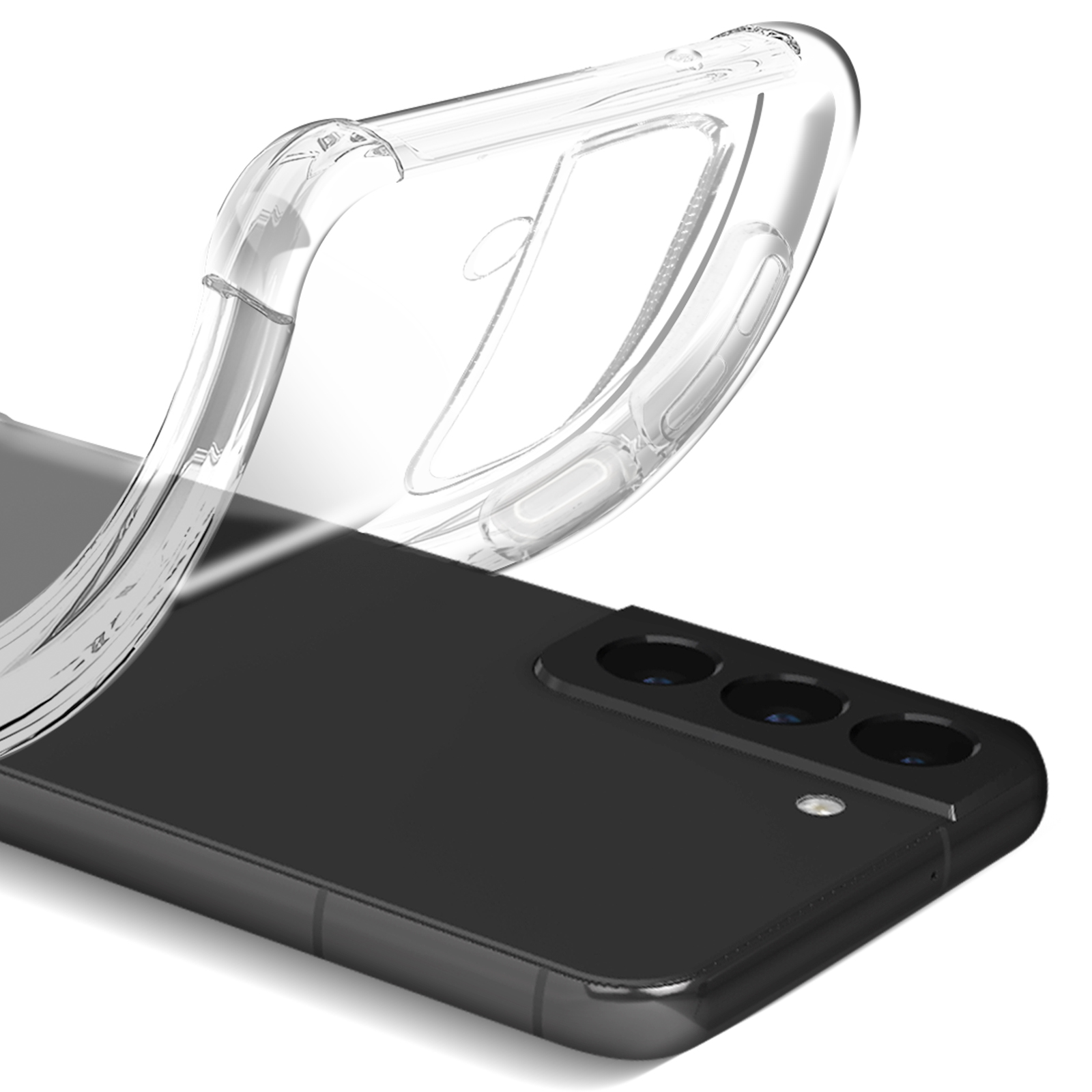 Una custodia trasparente su un telefono nero. Il telefono ha più fotocamere. La custodia è leggermente staccata.