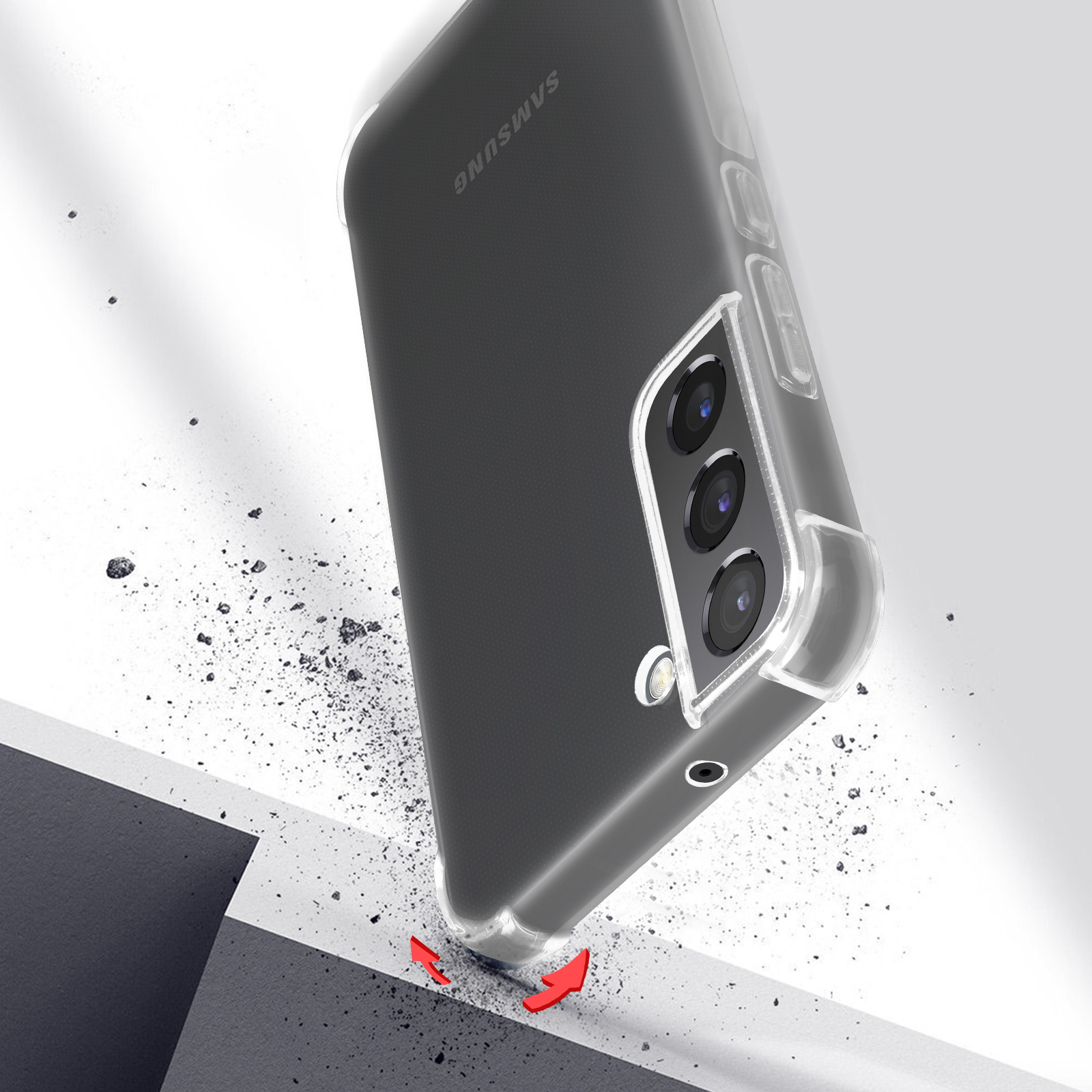 Custodia del telefono che cade con un telefono, con crepe e polvere che appaiono.
