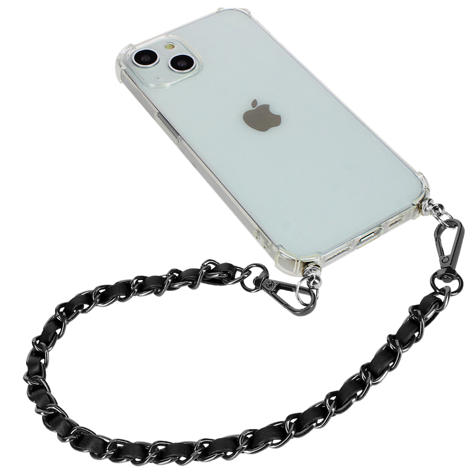 Una custodia trasparente per iPhone con una catena nera attaccata in basso.