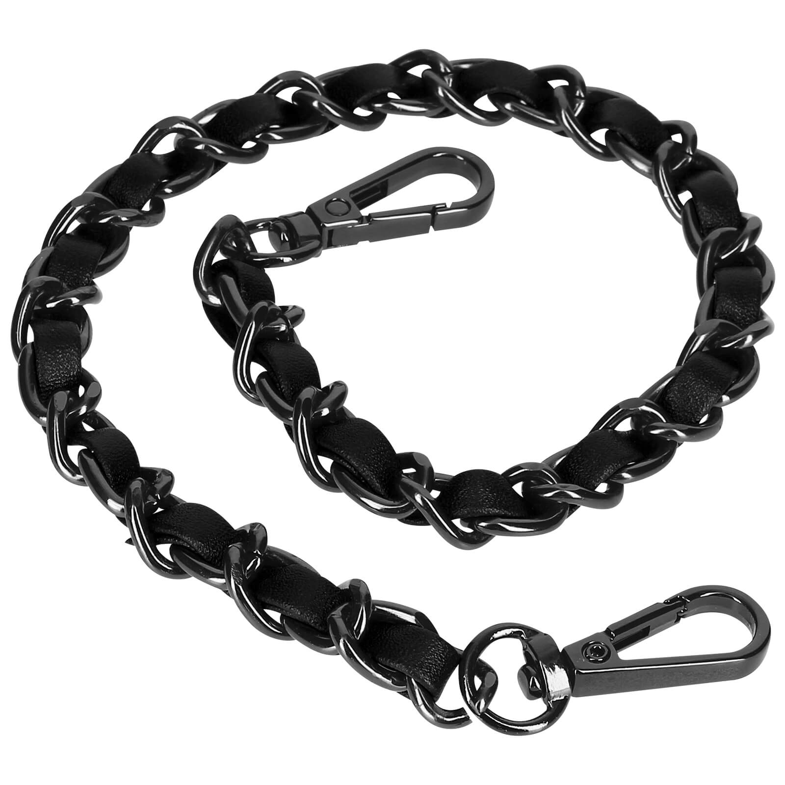 Tracolla a catena nera con inserti in pelle e due moschettoni.