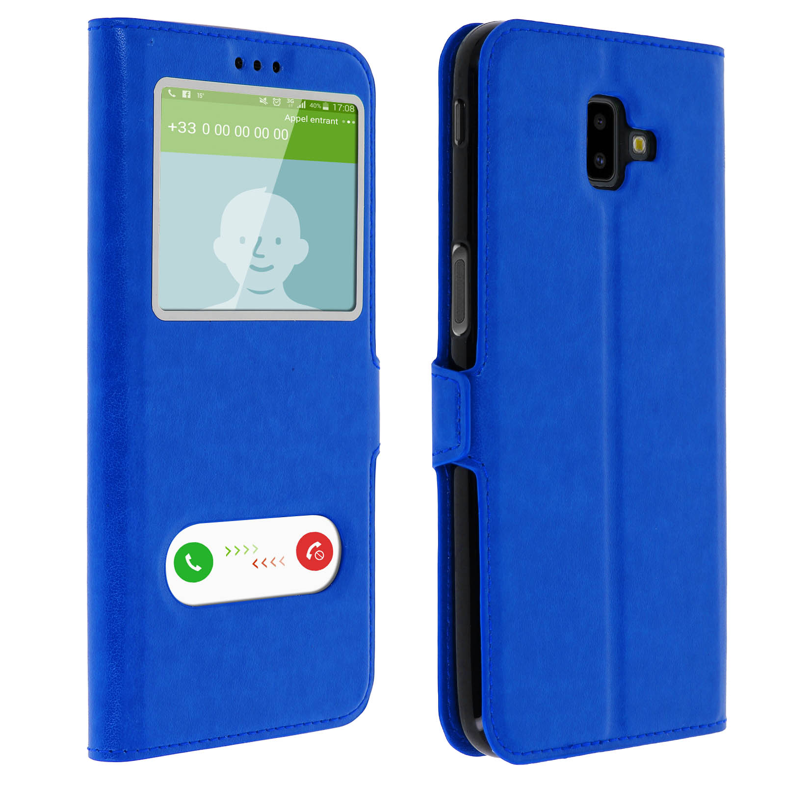 Blaue Handyhülle mit einem durchsichtigen Fenster. Es hat ein Telefondisplay links.