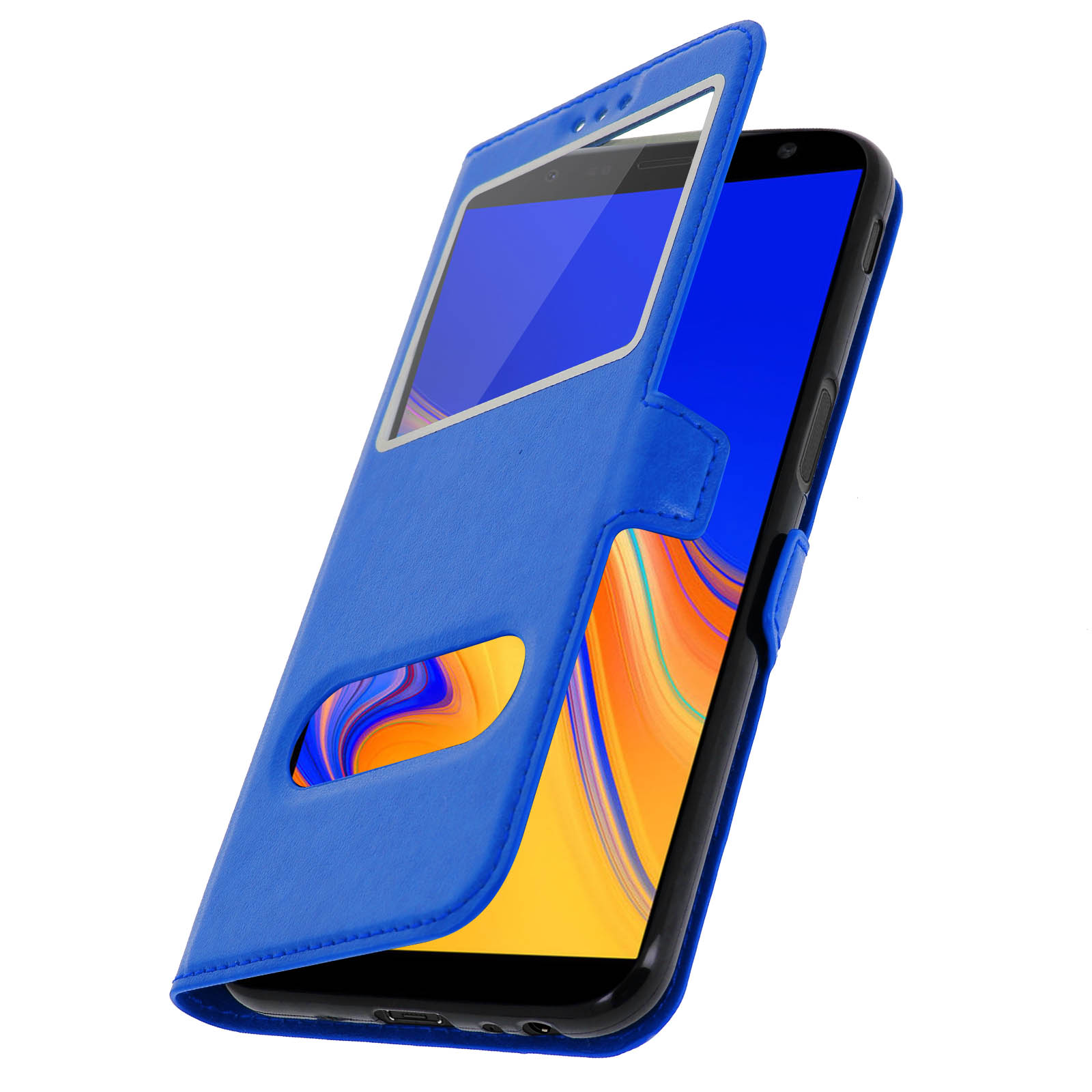 Telefon in einer blauen Hülle. Die Abdeckung ist geöffnet. Das Telefon hat einen blauen Bildschirm.