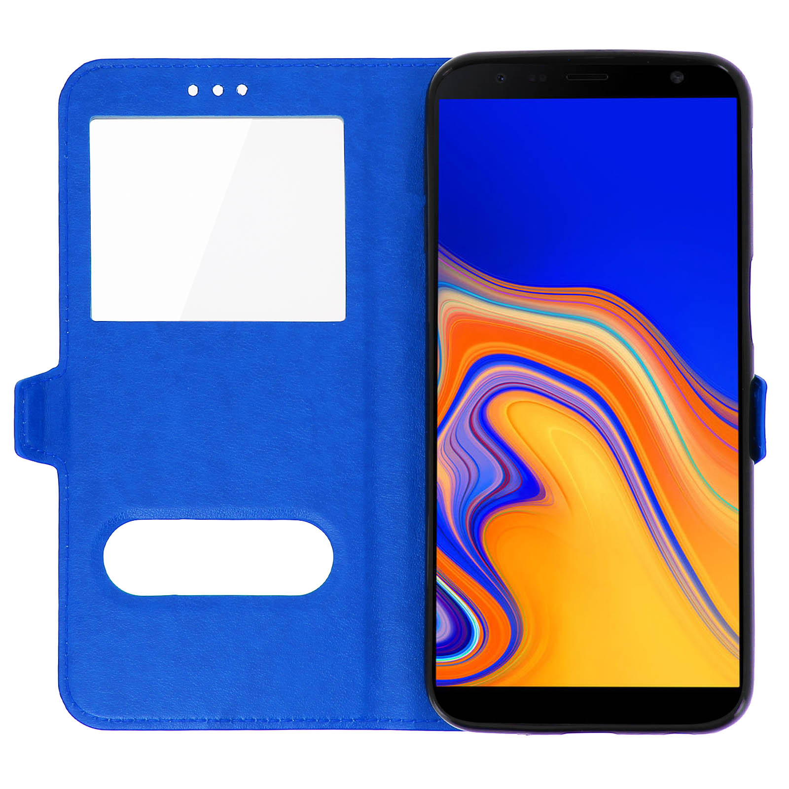 Eine blaue Handyhülle, offen, mit einem Telefon darin auf weißem Hintergrund.