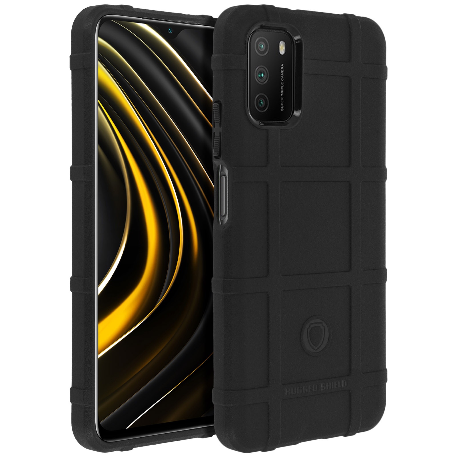 Custodia nera per telefono con design strutturato. La custodia ha un anello.