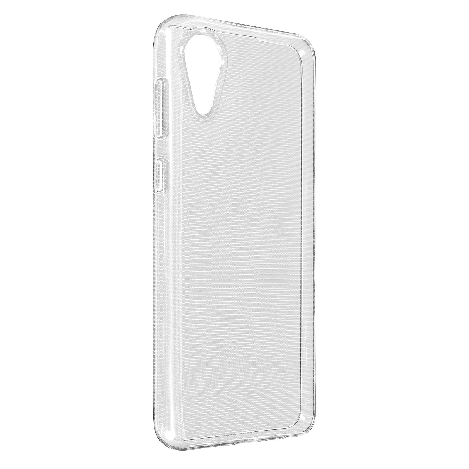 Custodia trasparente per telefono. Ha un ritaglio per la fotocamera e coperture per i pulsanti. Lo sfondo è bianco.
