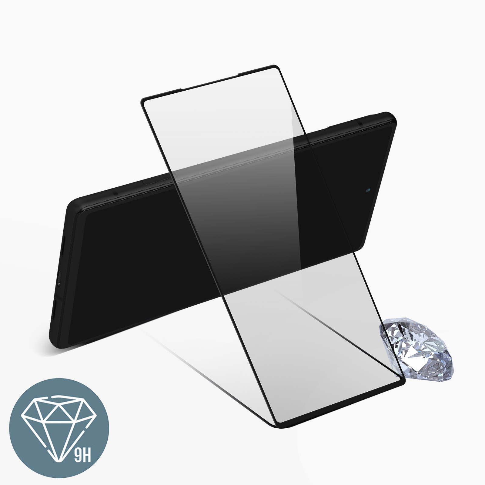 Un tablet nero ha un proteggi schermo applicato, con un grafico di diamante e un diamante scintillante accanto.