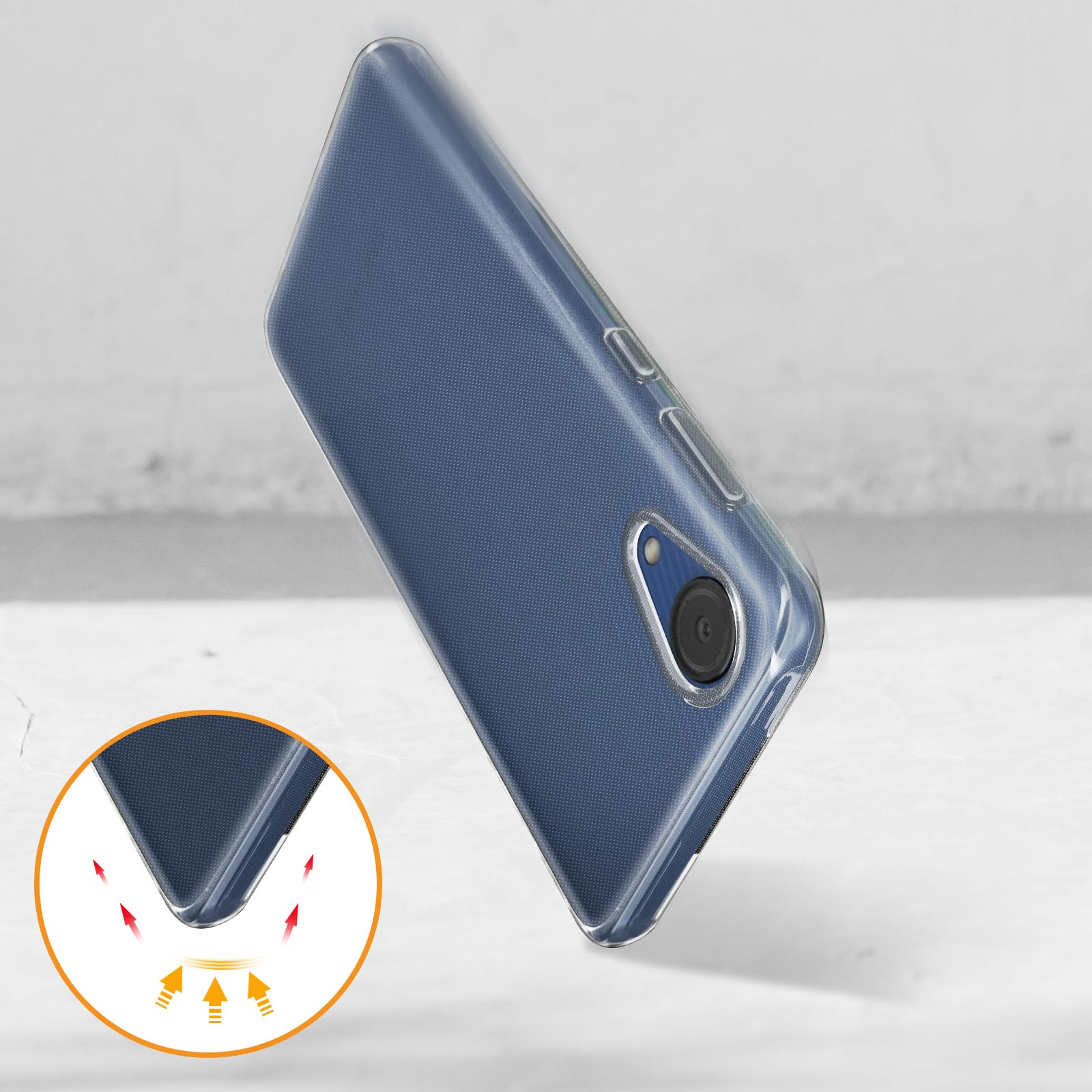 Custodia per telefono blu, con struttura protettiva. Inclinata, sfondo bianco.
