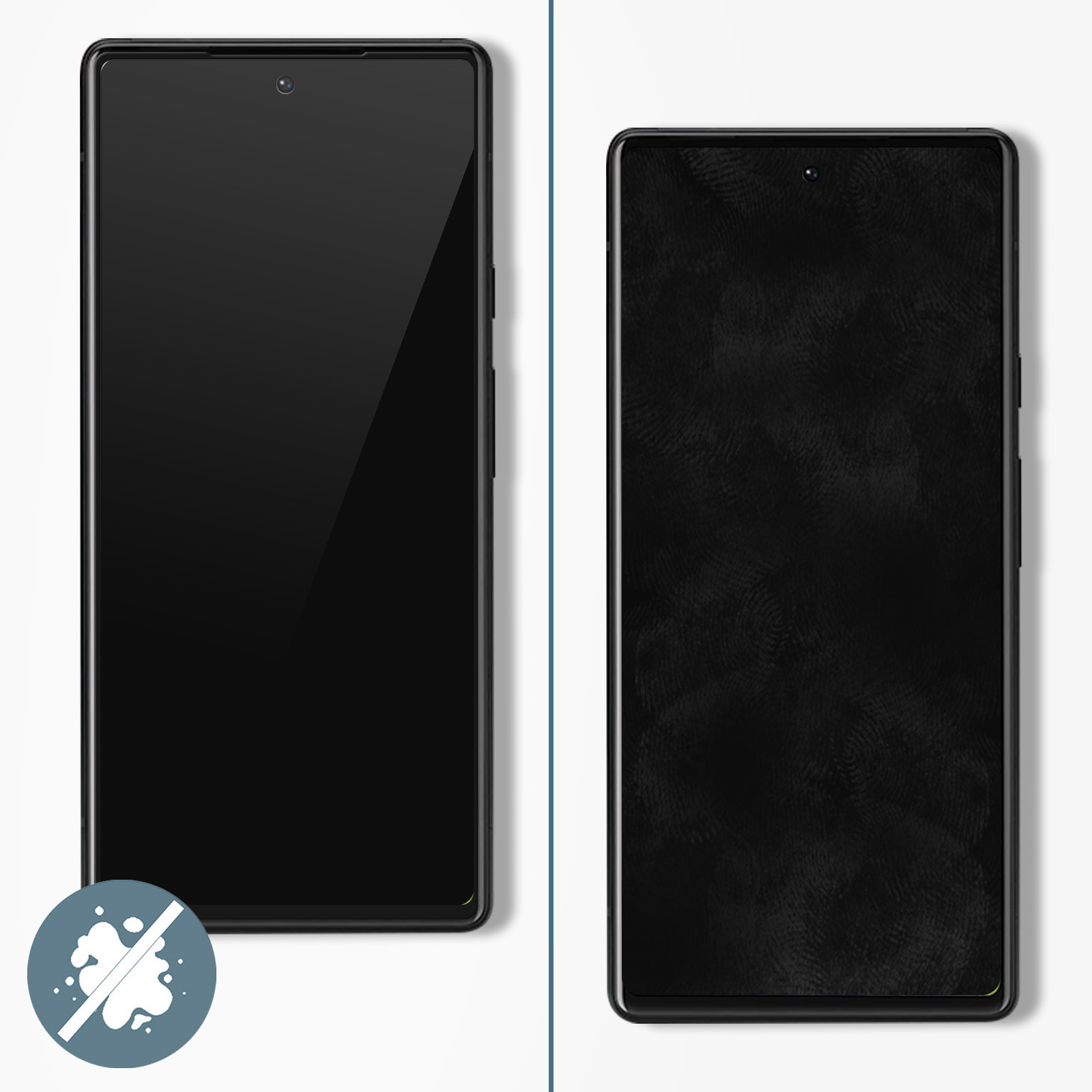 Due smartphone neri affiancati. Quello a sinistra è pulito, quello a destra ha impronte digitali. Entrambi su sfondo bianco.