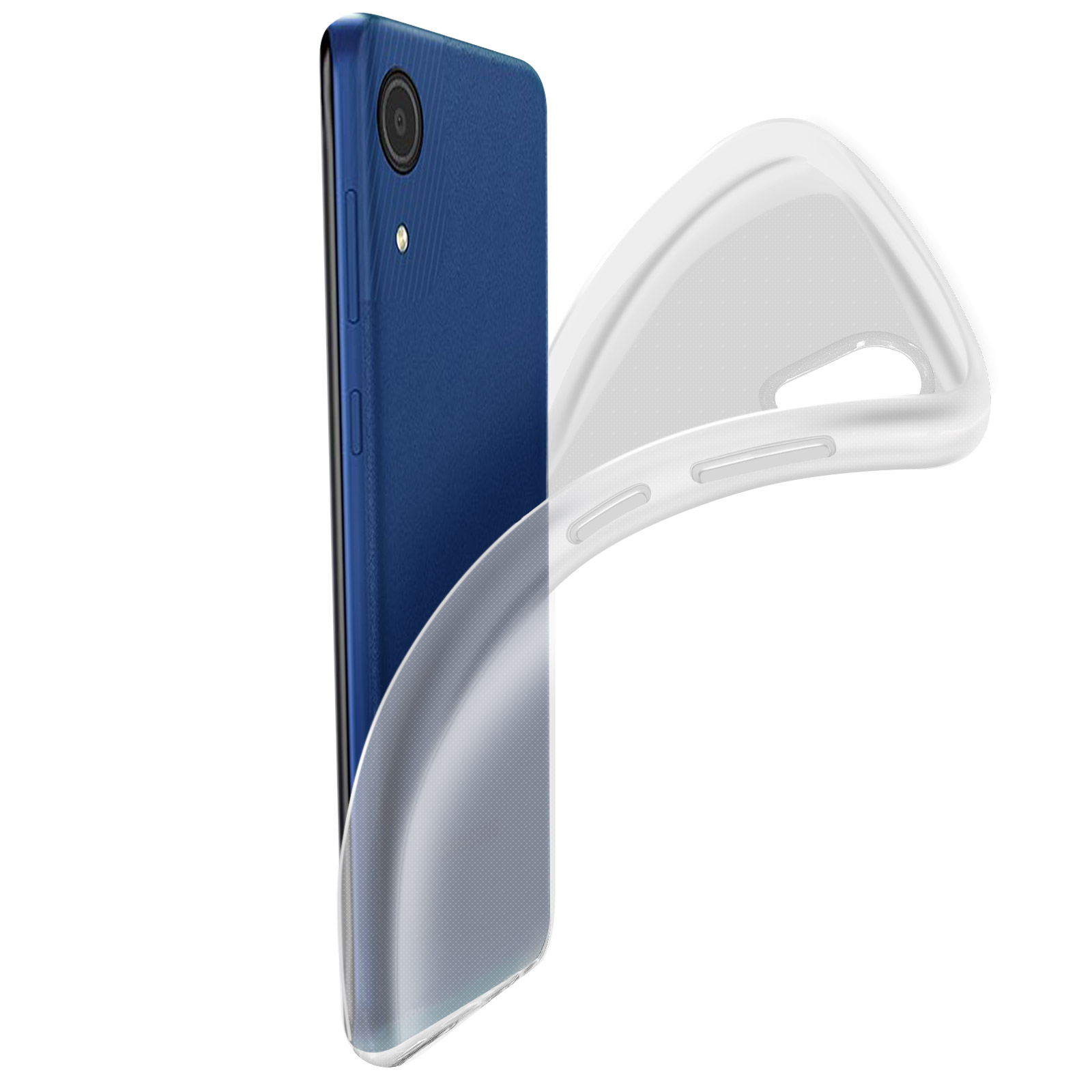 Telefono blu con custodia trasparente parzialmente rimossa, che mostra il retro.