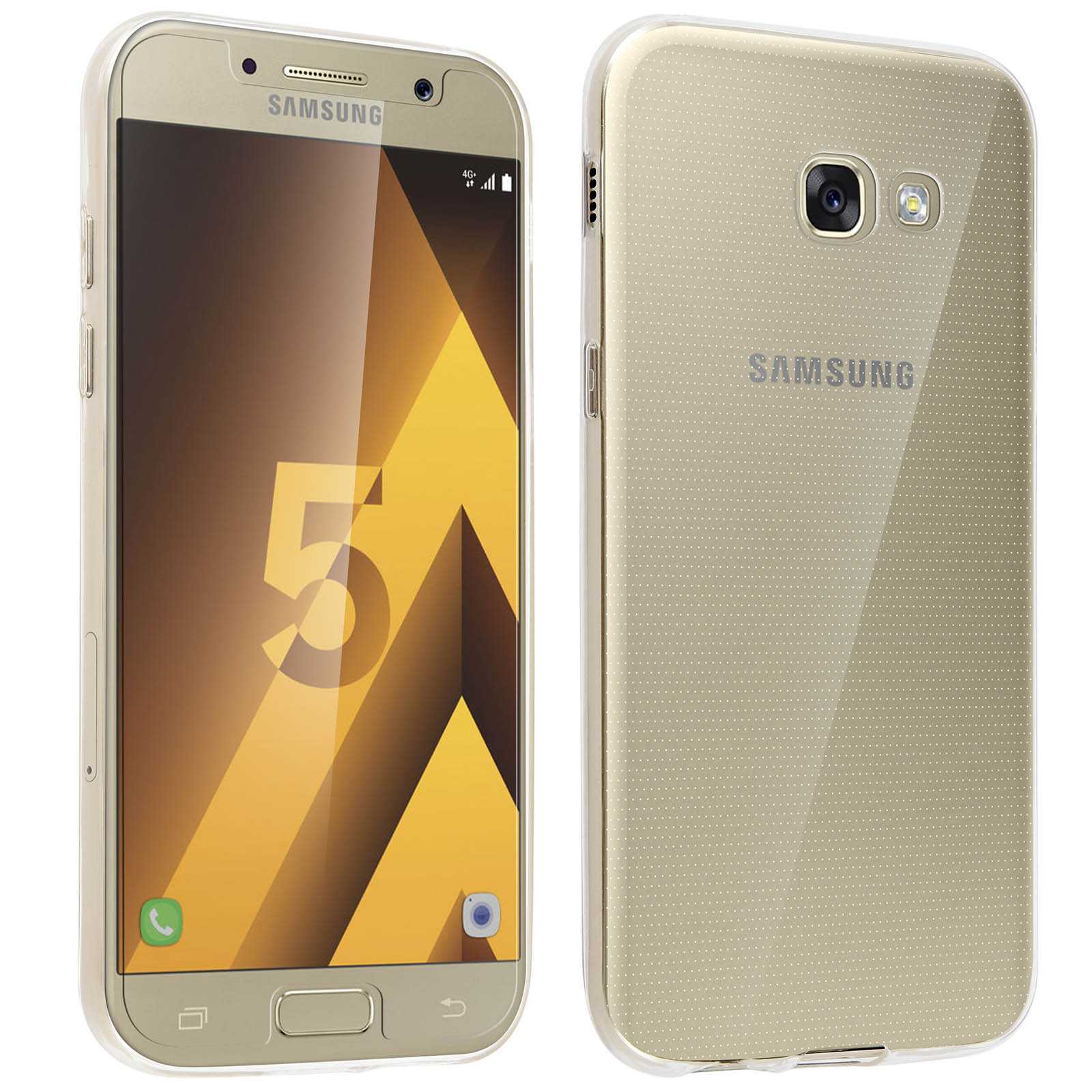 Un telefono Samsung dorato con una custodia trasparente su una superficie bianca. Parte anteriore e posteriore visibili.