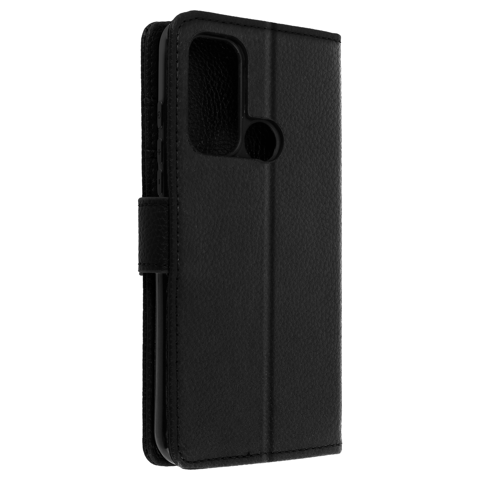 Custodia per telefono in pelle nera con patta. La custodia è chiusa, con superficie strutturata.