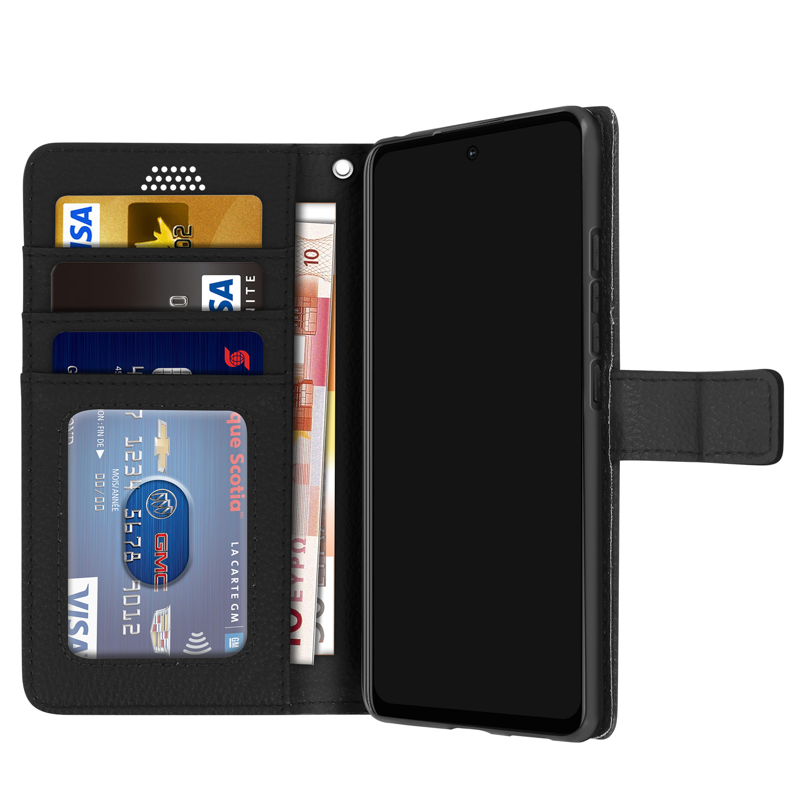 Custodia nera con fessure per carte di credito e telefono dentro. Carte e denaro visibili.
