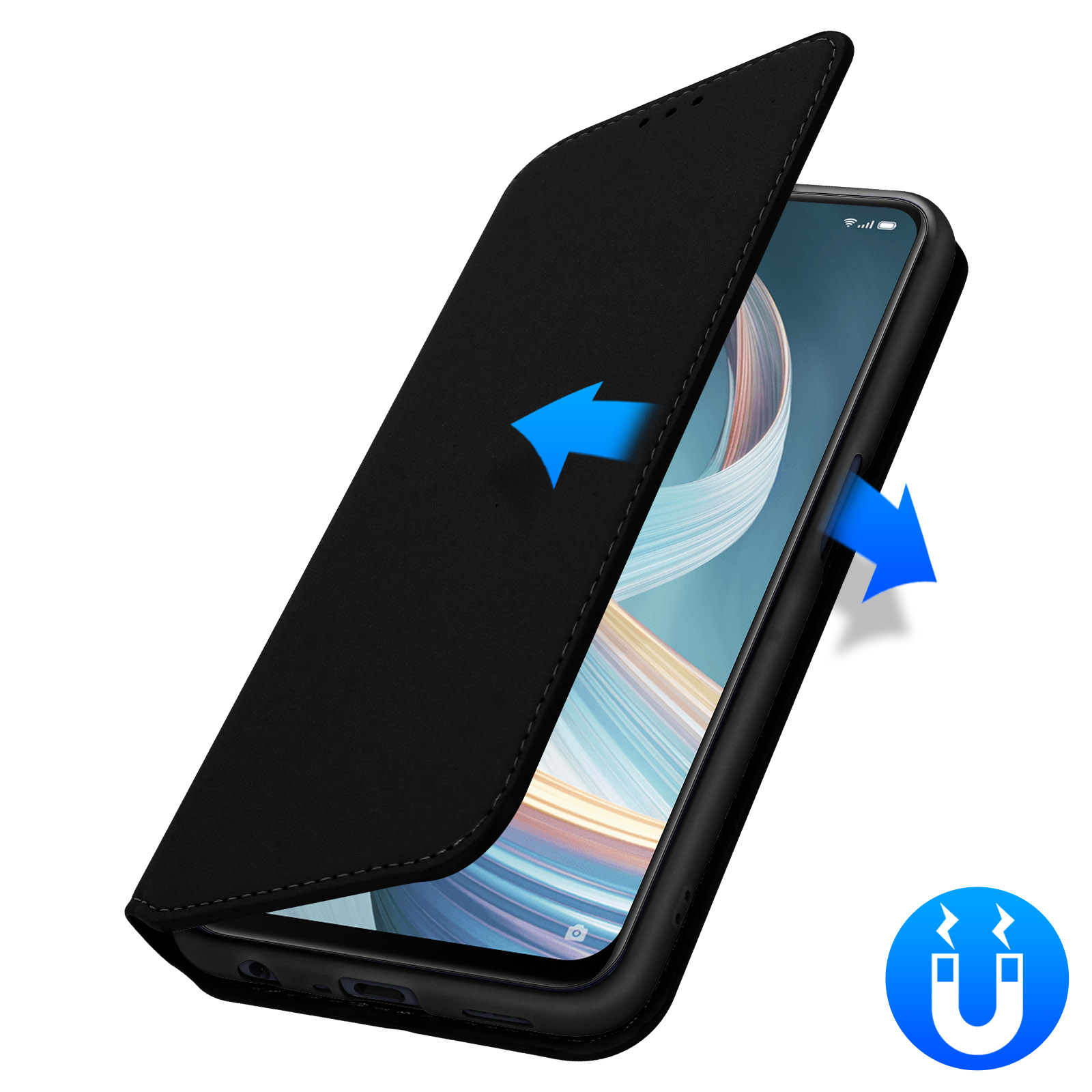 Coque de téléphone noire ouverte, avec flèches magnétiques indiquant la fermeture. Icône aimant bleue.